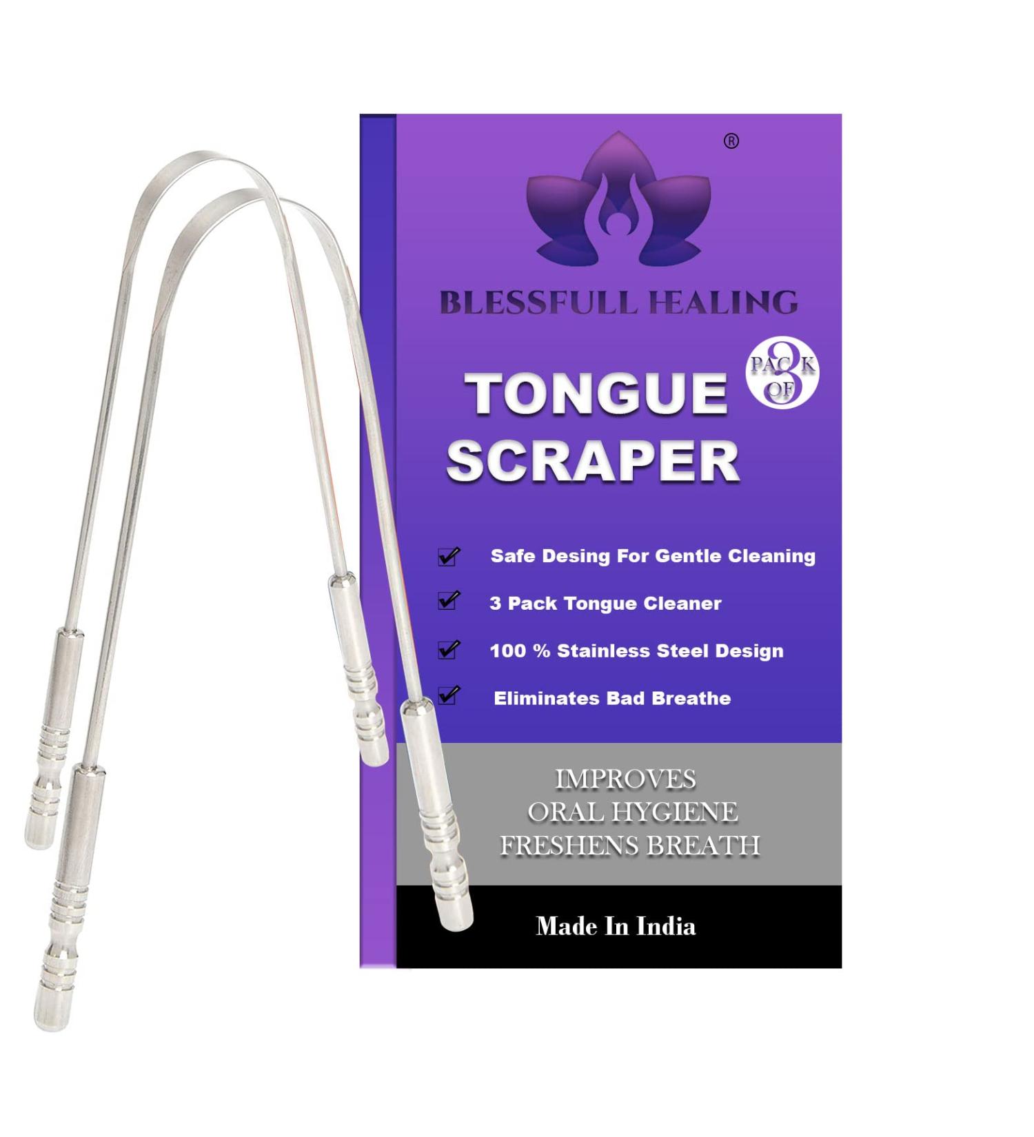 Blessfull Healing tongue cleaner made of 100% stainless steel |Adults and children |Ideal for oral care Easy to use with a non -synthetic handleReusable tongue scraper (3 pieces)