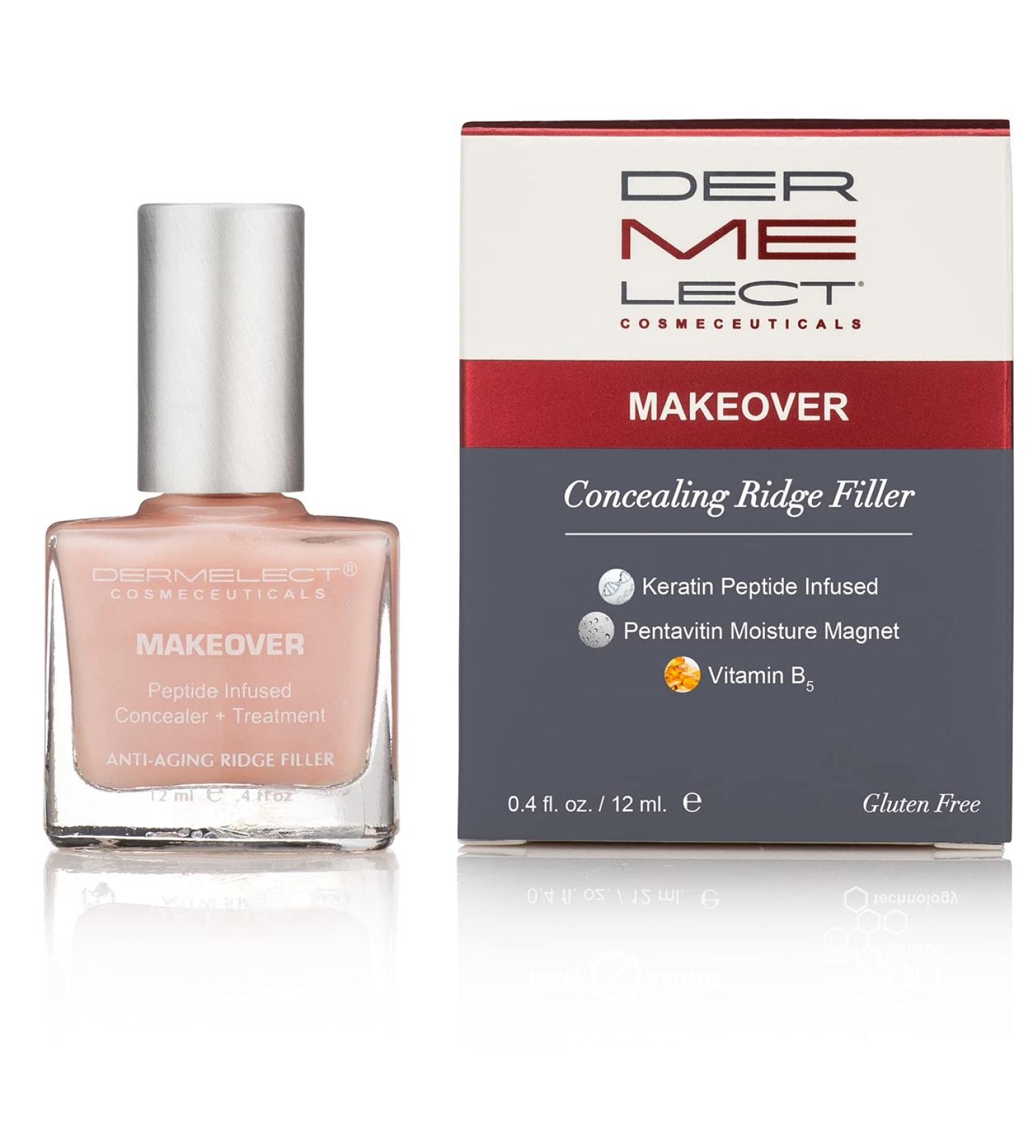 Dermelect Makeover Ridge Filler - Nail Base Coat with Keratin Peptides, Pentavitin & Vitamin B5 - Hydrating, Strengthening, and Concealing Treatment for Nail Ridges, Yellowing, Dryness - 0.4 oz - Buy Online on GoSupps.com
