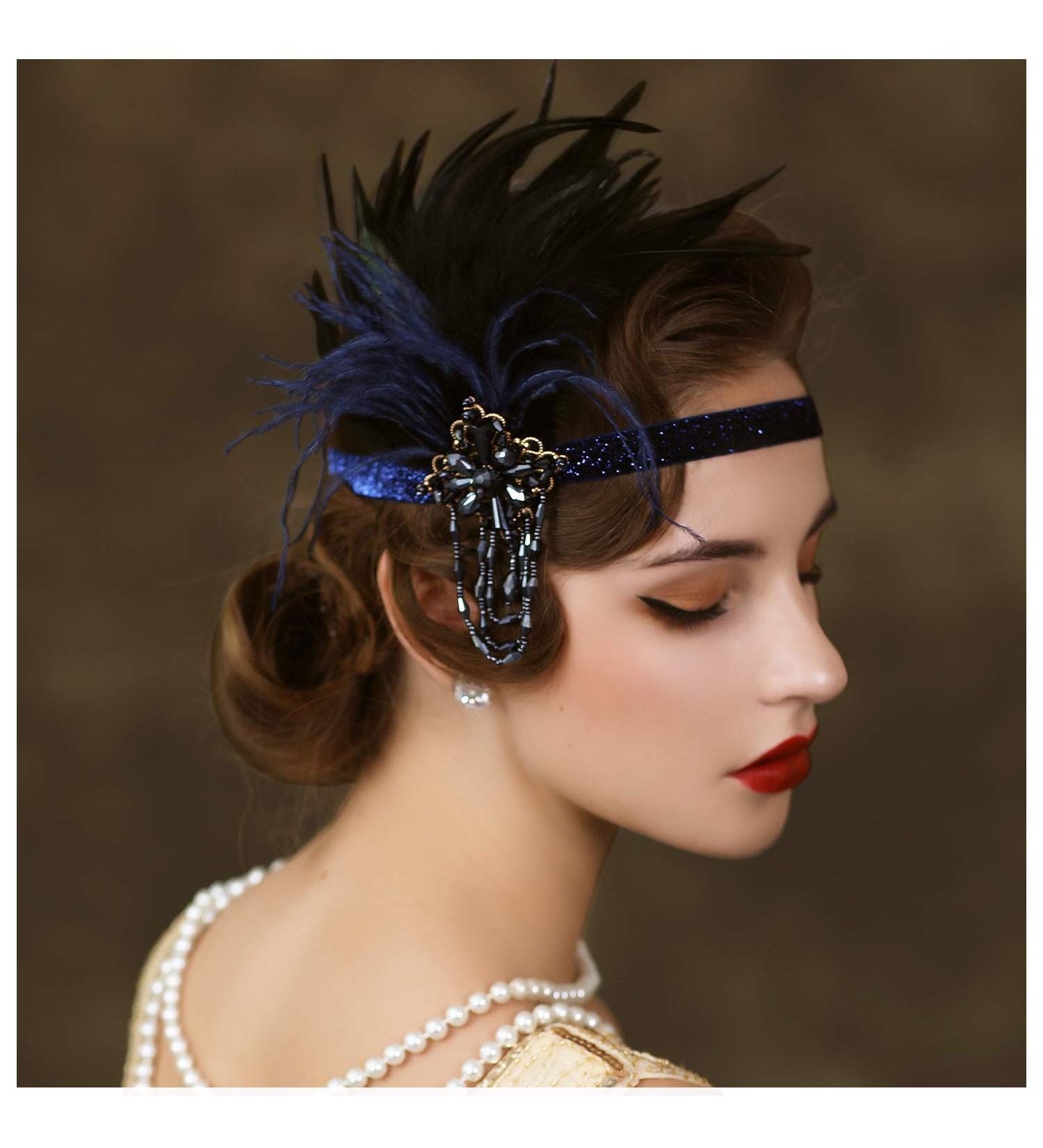 SWEETV Navy Rhinestone Feather Flapper Headband 1920s Great Gatsby Hair Accessory - Buy Online on GoSupps.com