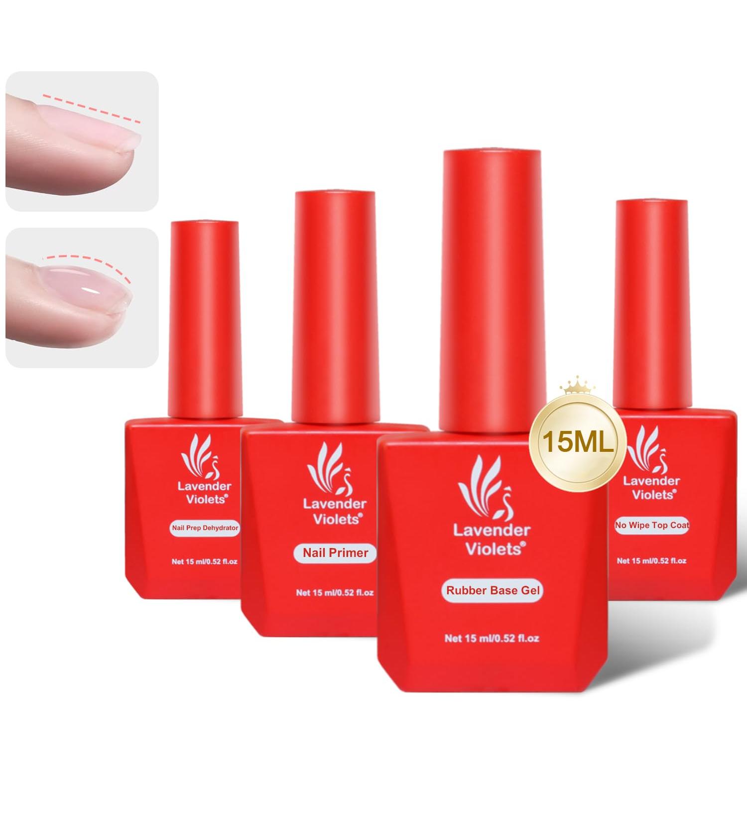 Lavender Violets 15ml x4 Gel Nail Polish Base and Top Coat Set with Nail Prep Dehydrator Rubber Base Gel No Wipe Top Coat Nail Primer Manicure Varnish Nail Care Protection Long Lasting #2578 Nail Primer Rubber Base & Top Coat - Buy Online on GoSupps.com