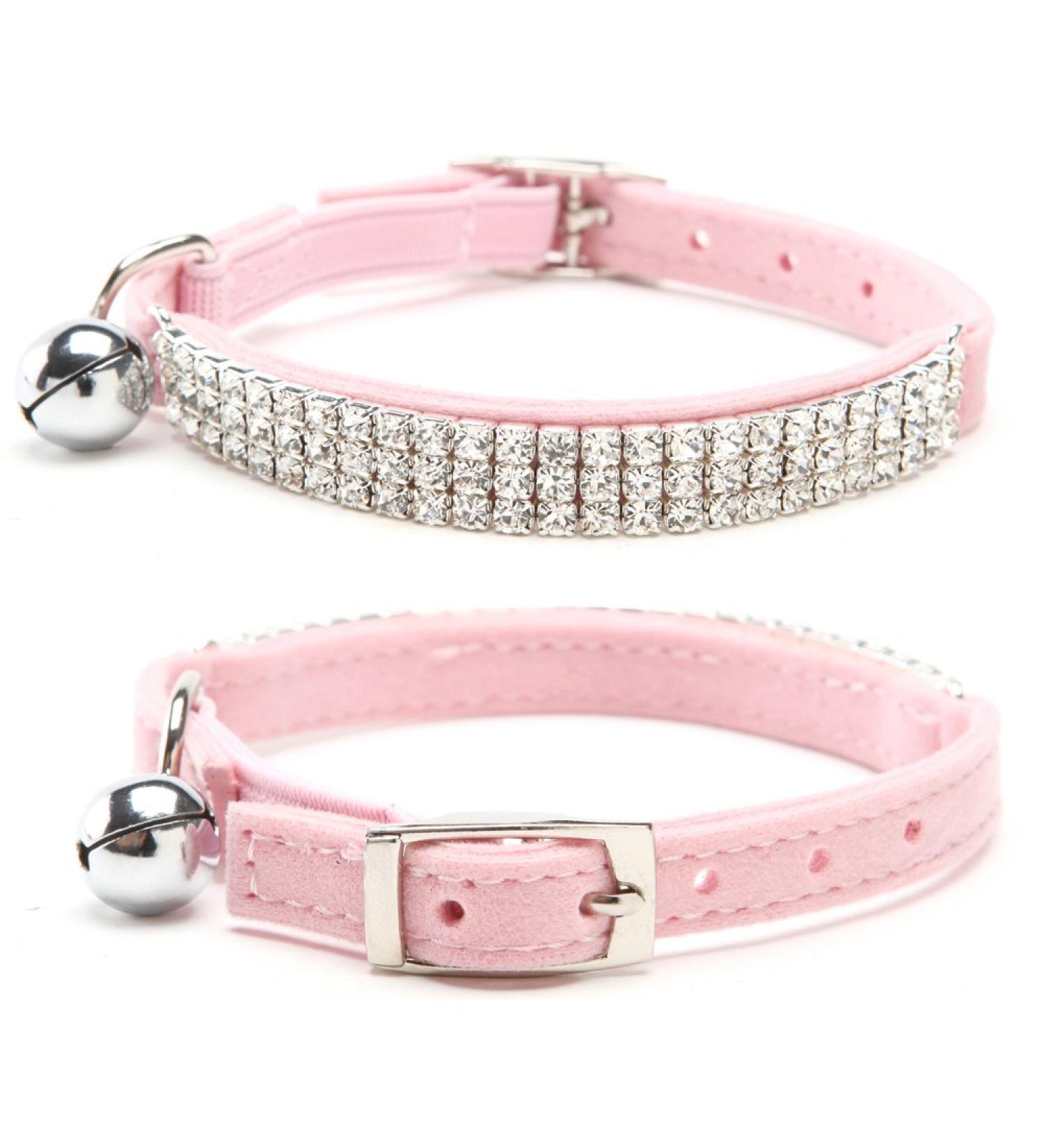 Ggkidsfunpet Adjustable Velvet Pet Puppy Dog Cat Collar Bling Crystal Diamante Rhinestone with Bell Pink
