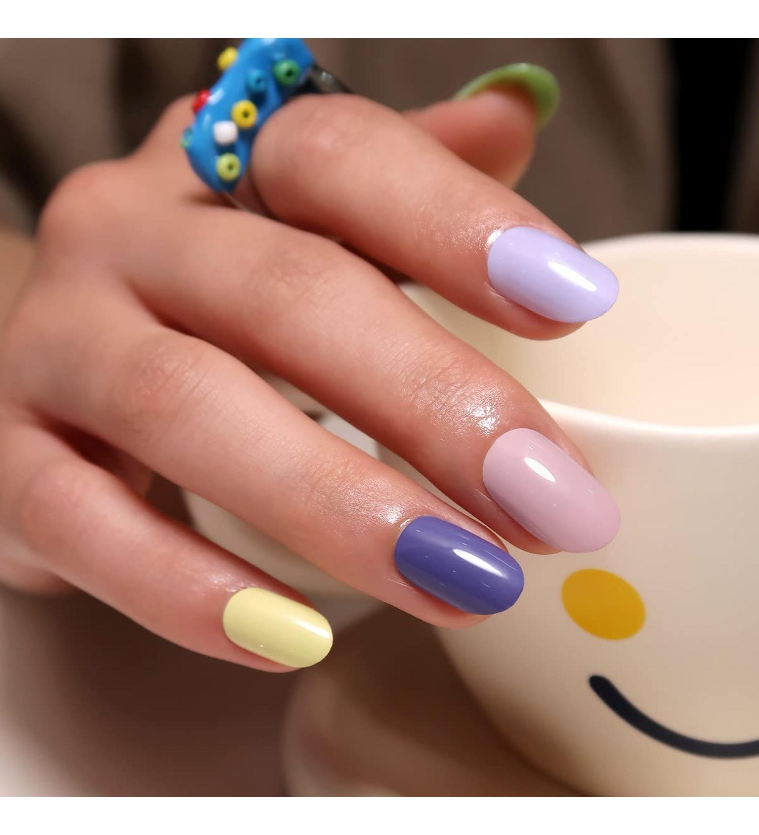 24 Pcs Glossy Solid Oval Short False Nails - Coloured French Press on Nails with Nail Glue - Almond Medium Stick on Nails for Women - Fake Nails for Nail Art - Buy Online on GoSupps.com