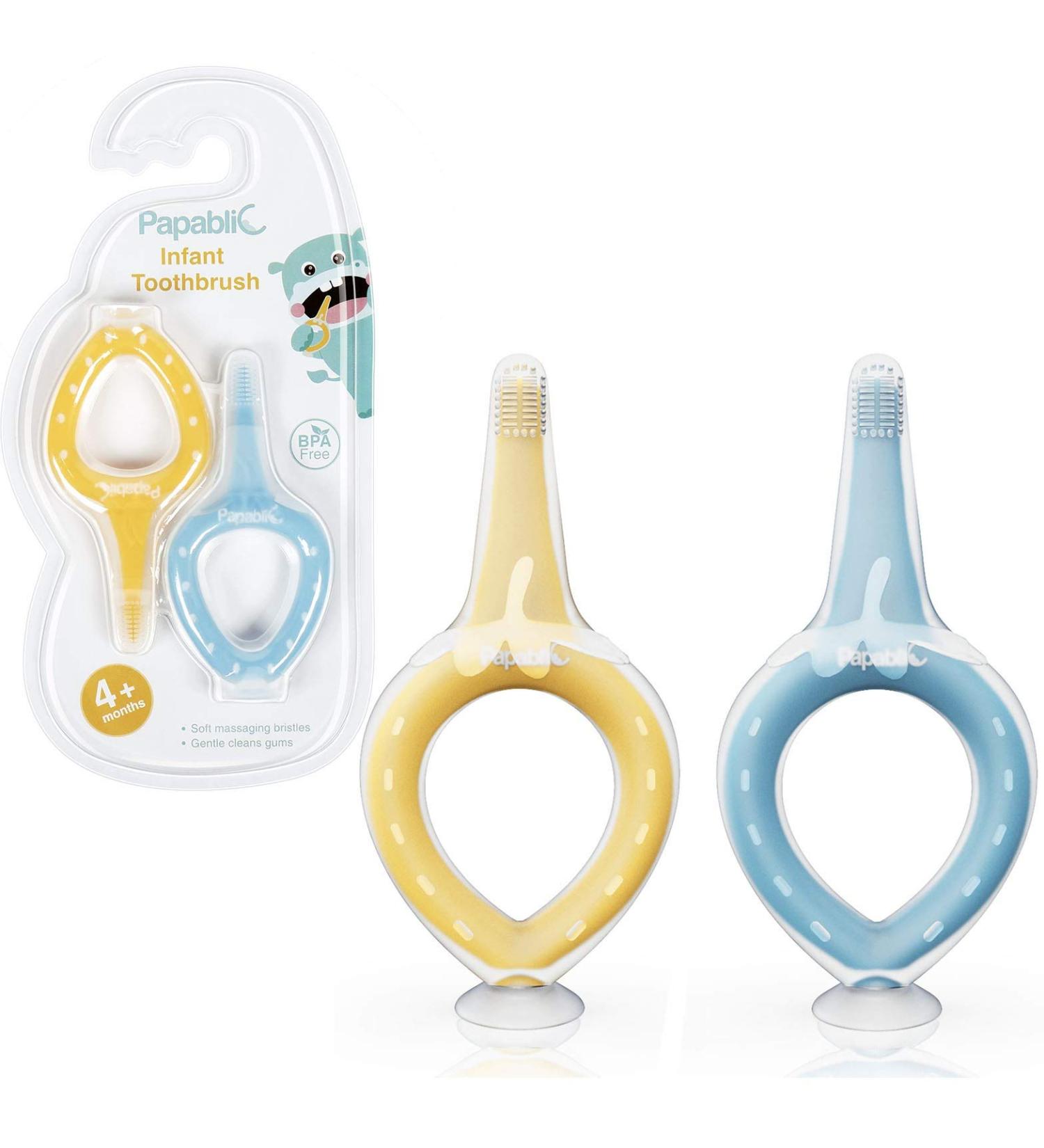 Papablic Infant Training Toothbrush 2 Pack - Soft Silicone Baby Toothbrush for Ages 4 Months and Up - BPA Free - Yellow & Blue - Buy Online on GoSupps.com