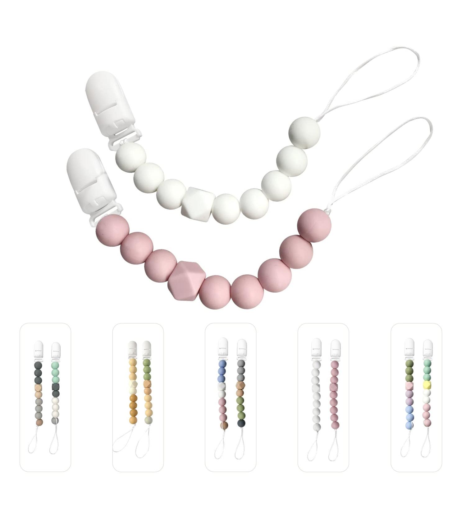 ISEAINNO Silicone Beads Pacifier Clips for Baby Girls & Boys Baby Pacifier Holder Clip Pacifier Strap Pacifier Leash for Baby Shower and Birthday 2 Pack (Pink White) - Buy Online on GoSupps.com