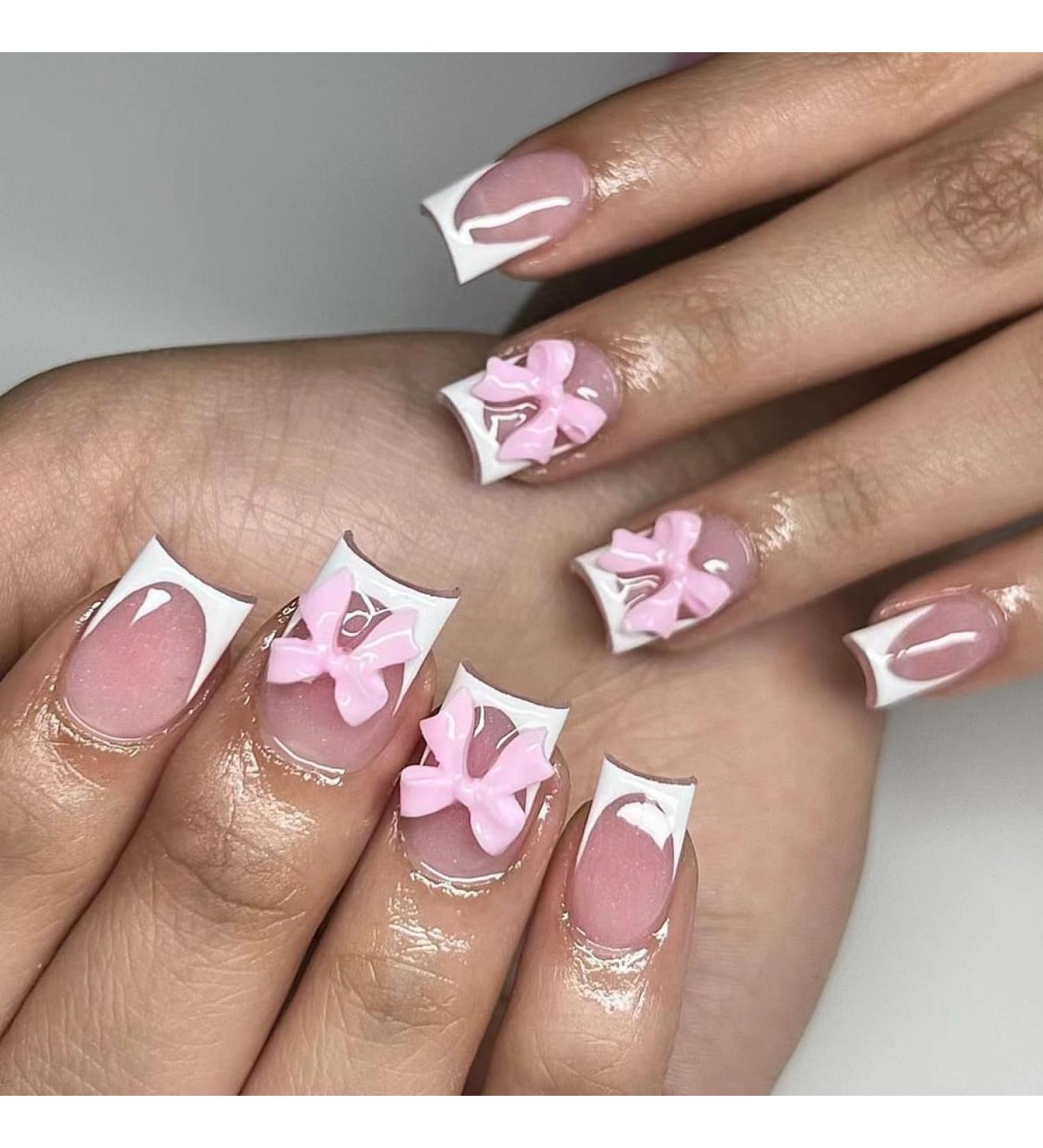 White French Tip Press on Nails with Pink Bow | Short Square Glue on Acrylic Manicure Art | 24 Pcs Glossy Nude Pink Fake Nails for Women & Girls - Buy Online on GoSupps.com