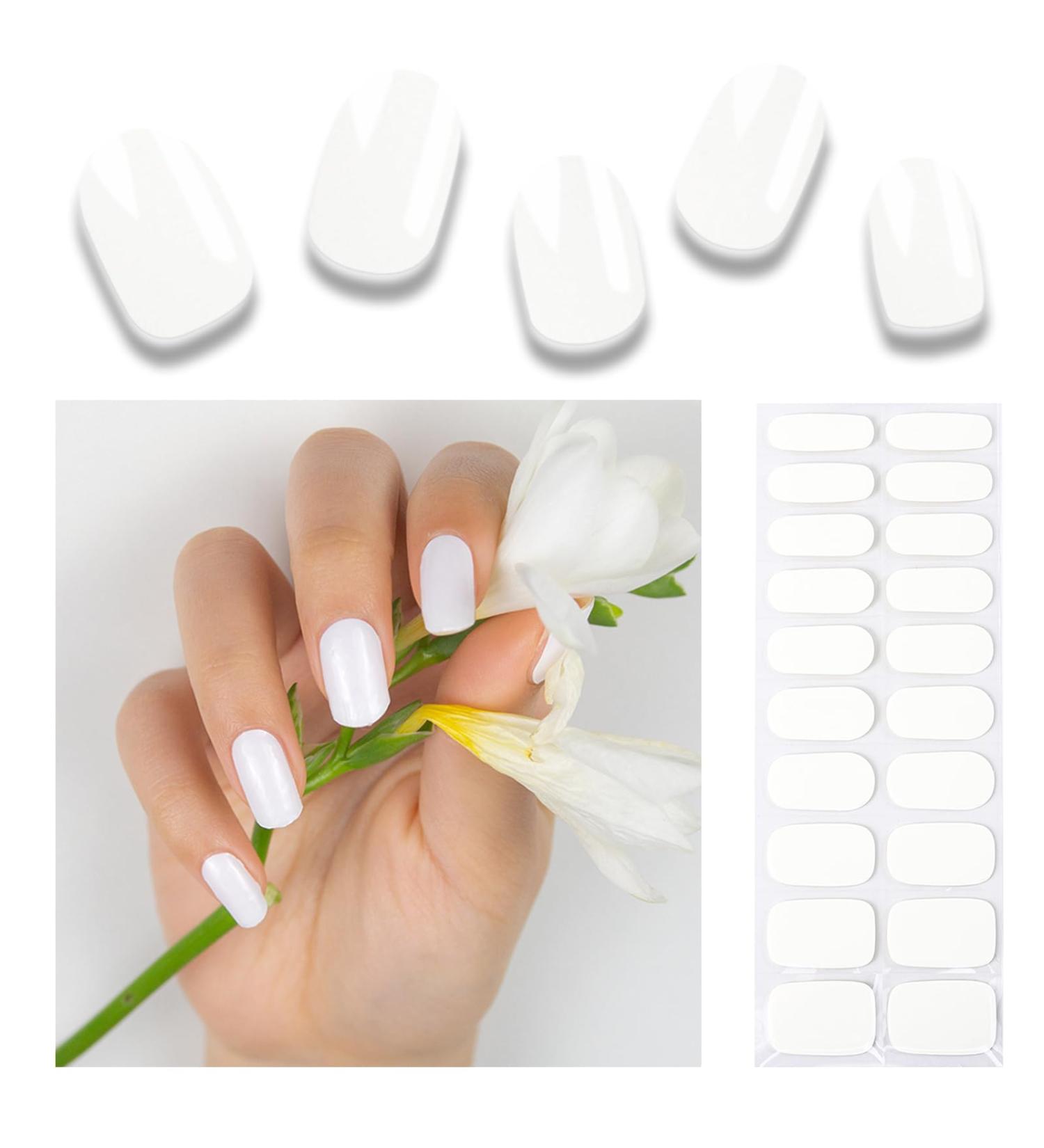 20pcs Semi Cured Gel Nail Strips - Pure White Nail Polish Stickers | Long Lasting Full Nail Wraps with Nail File | Compatible with UV Lamps - Buy Online on GoSupps.com