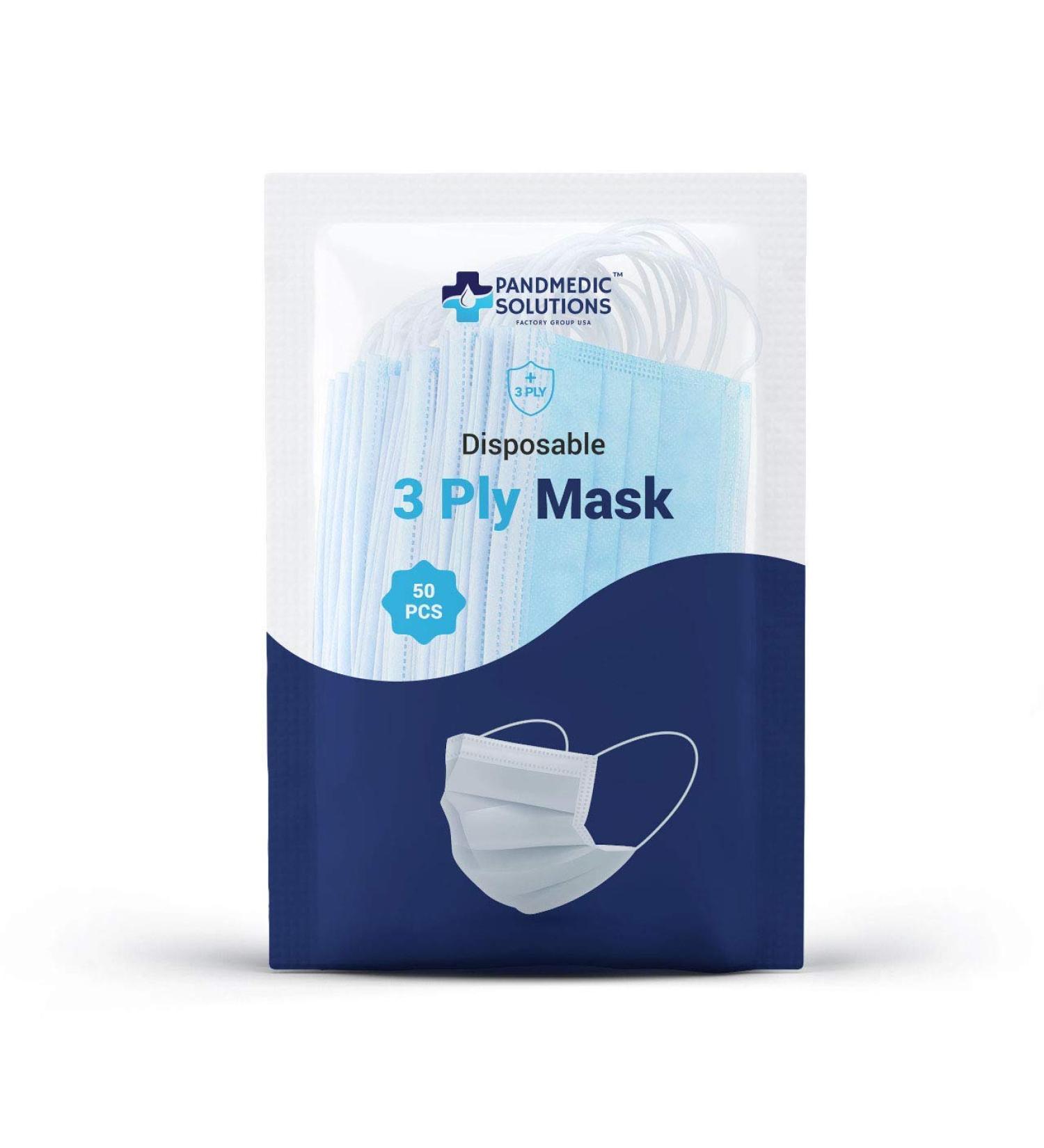PandMedic Disposable Face Masks Made in USA | Premium 3-Ply Medical Safety Masks - Breathable Elastic Ear Loops - 50ct Resealable Bag for International Shipping - Buy Online on GoSupps.com