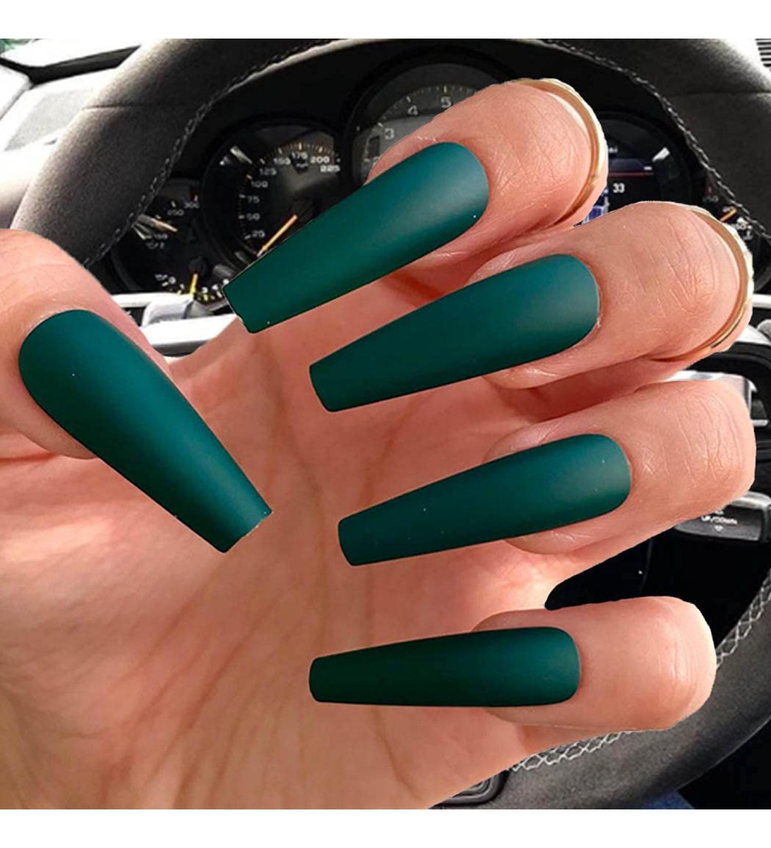 Outyua Matte Super Long Dark Green Coffin Ballerina Press on Nails - 24Pcs - Buy Online on GoSupps.com