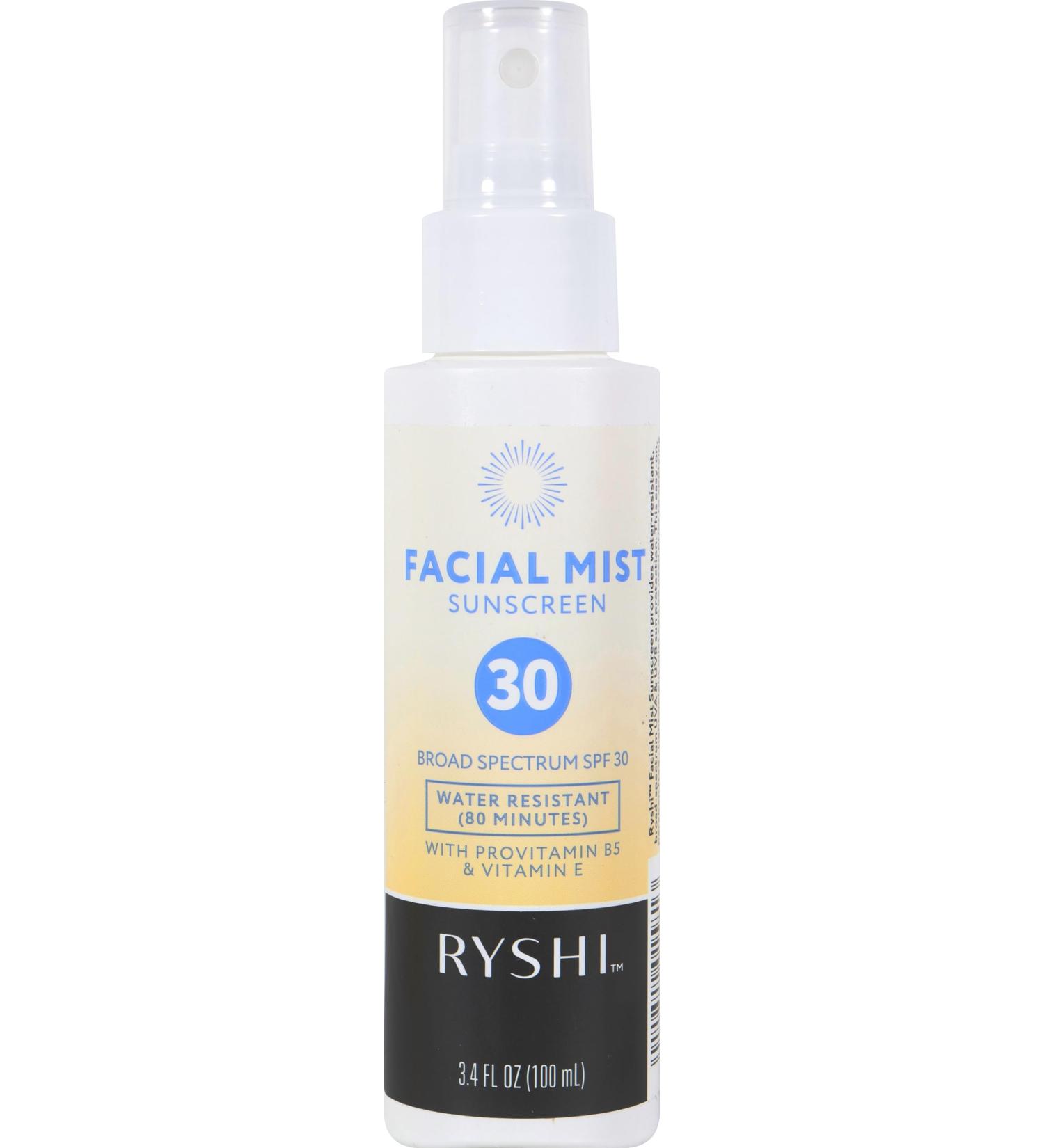 Ryshi Broad Spectrum SPF 30 Sunscreen Face Mist Hydrating Water-Resistant Lightweight Travel Size with Provitamin B5 & Vitamin E - Paraben Free - Buy Online on GoSupps.com