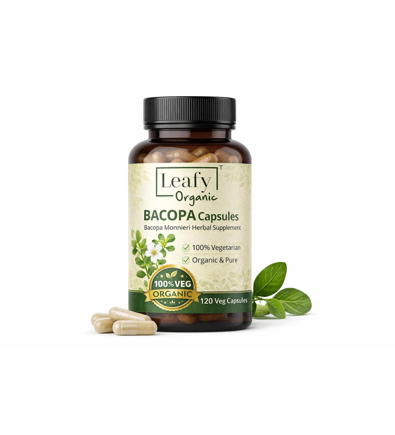 Leafy Organic Bacopa Capsules | Bacopa Monnieri Herbal Supplement | 120 Veg Capsules | Pure & Vegetarian | Premium Quality Capsules