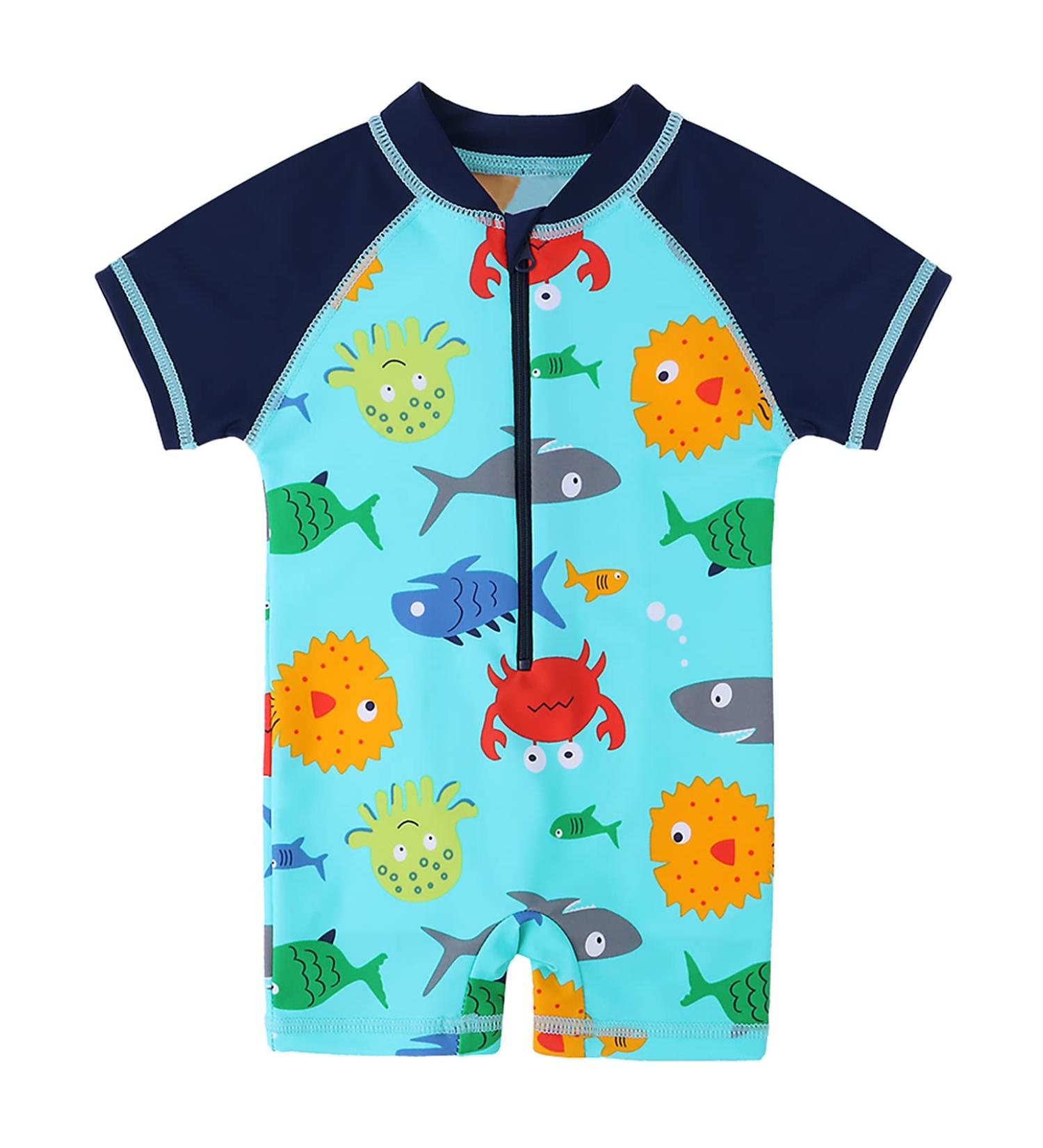 HUAANIUE Baby Boys Swimsuit with Hat UPF 50+ Sun Protection | 3-4 Years | Bluesealife Print - Buy Online on GoSupps.com
