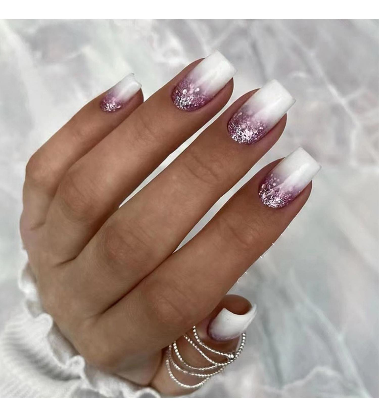 Yoolly 24pcs Short Square False French Tip False Nails Stick on Nails Glitter Press on Nails Removable Glue - on Fake Nails Acrylic Full Cover Nails Women Girls Nail Art Accessories (Flash Purple) - Buy Online on GoSupps.com