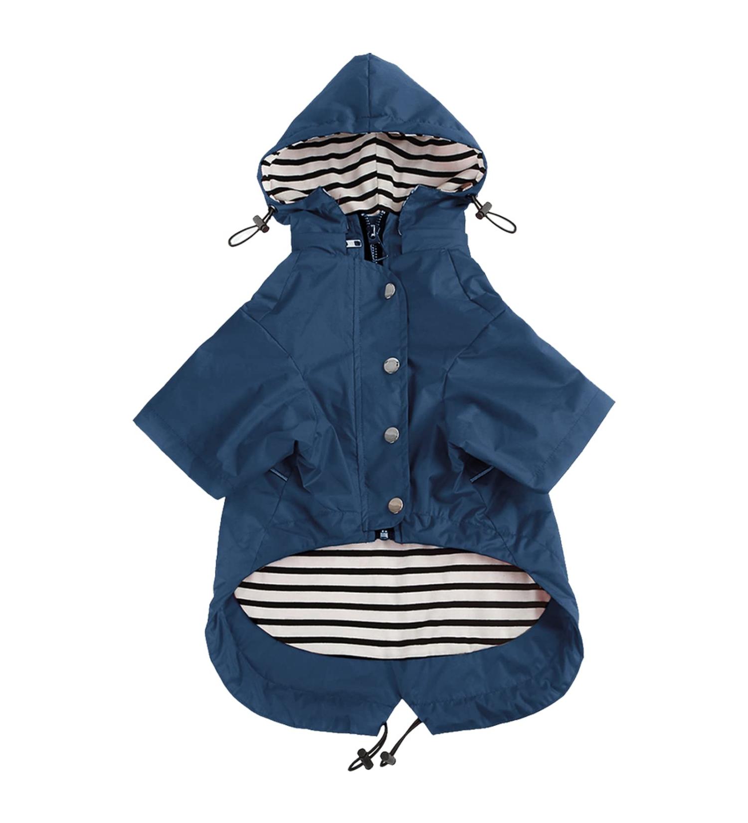 Minezi Waterproof Dog Coat with Zipper & Reflective Buttons - Adjustable Shoulder Strap Removable Hood Dark Blue Size L (Chest: 60-69cm) - Buy Online on GoSupps.com