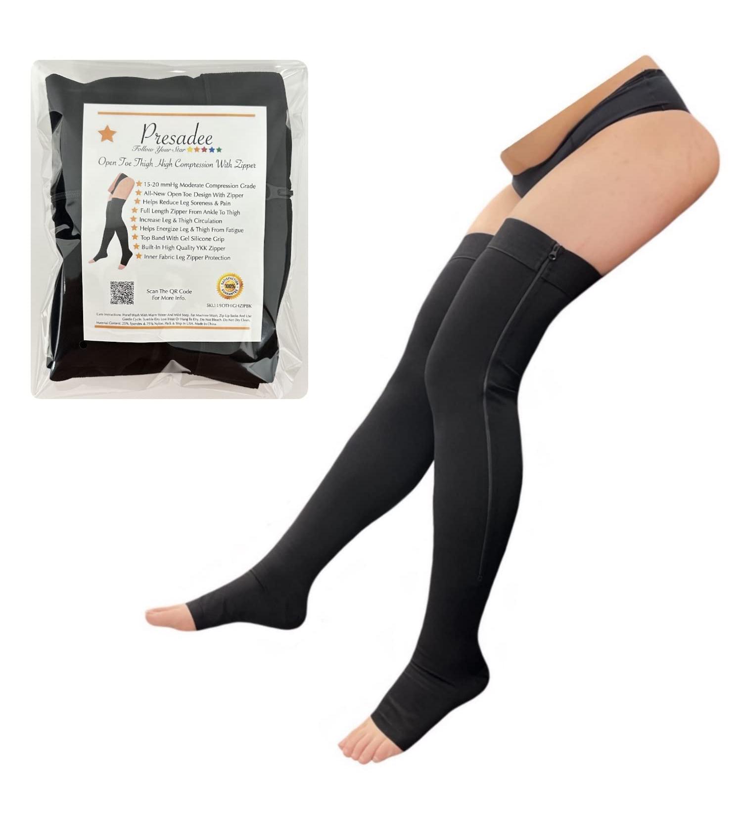 Thigh High Open Toe Compression Stockings 15-20 mmHg with YKK Zipper - Moderate Support in Black | International Shipping Available - Buy Online on GoSupps.com