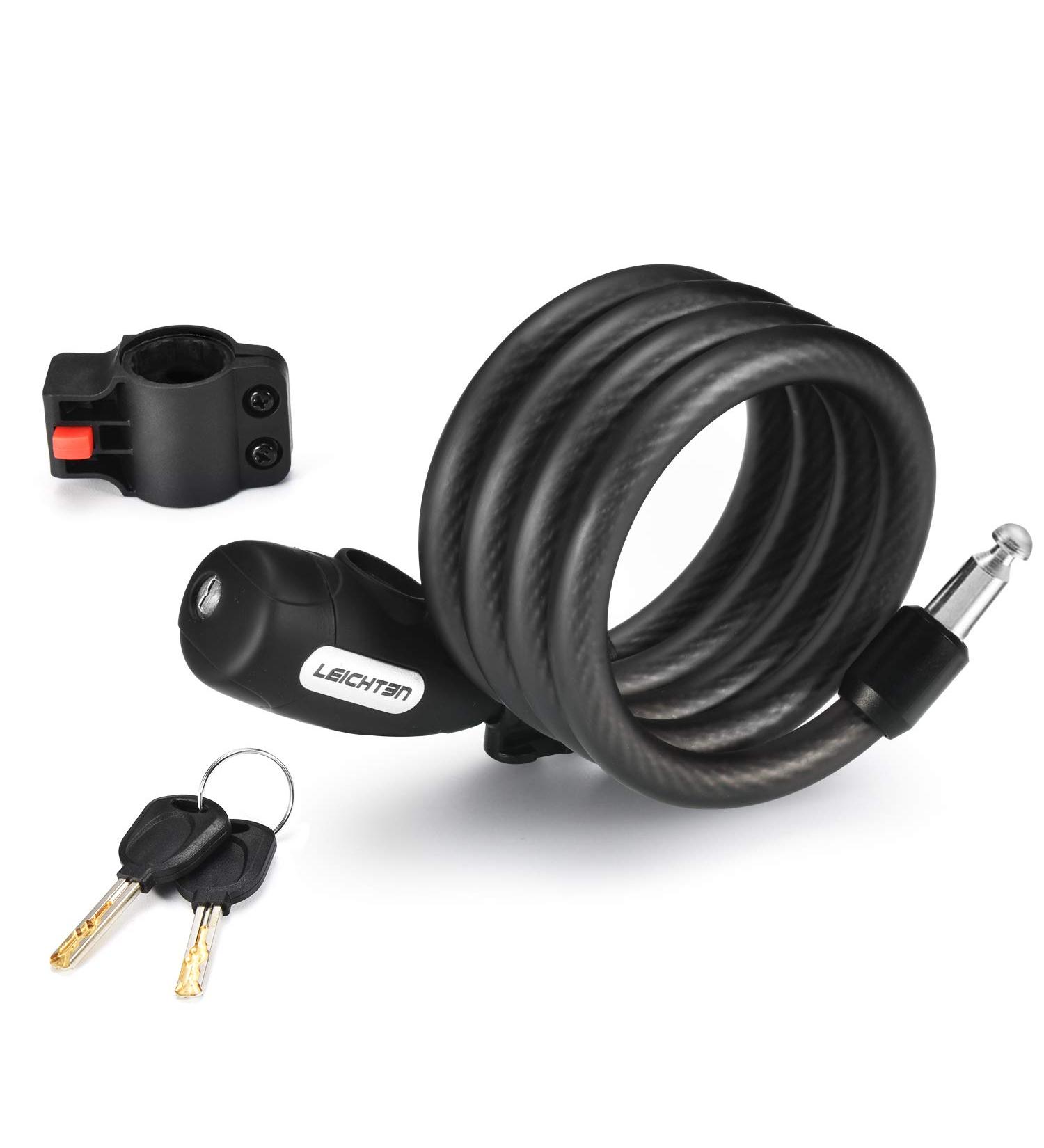 LEICHTEN 4 Feet Coiled Bike Cable Lock with Keys | High Security Heavy Duty Key Lock for Bicycle Outdoors | 1/2 Inch Diameter | Includes Mounting Bracket - Buy Online on GoSupps.com