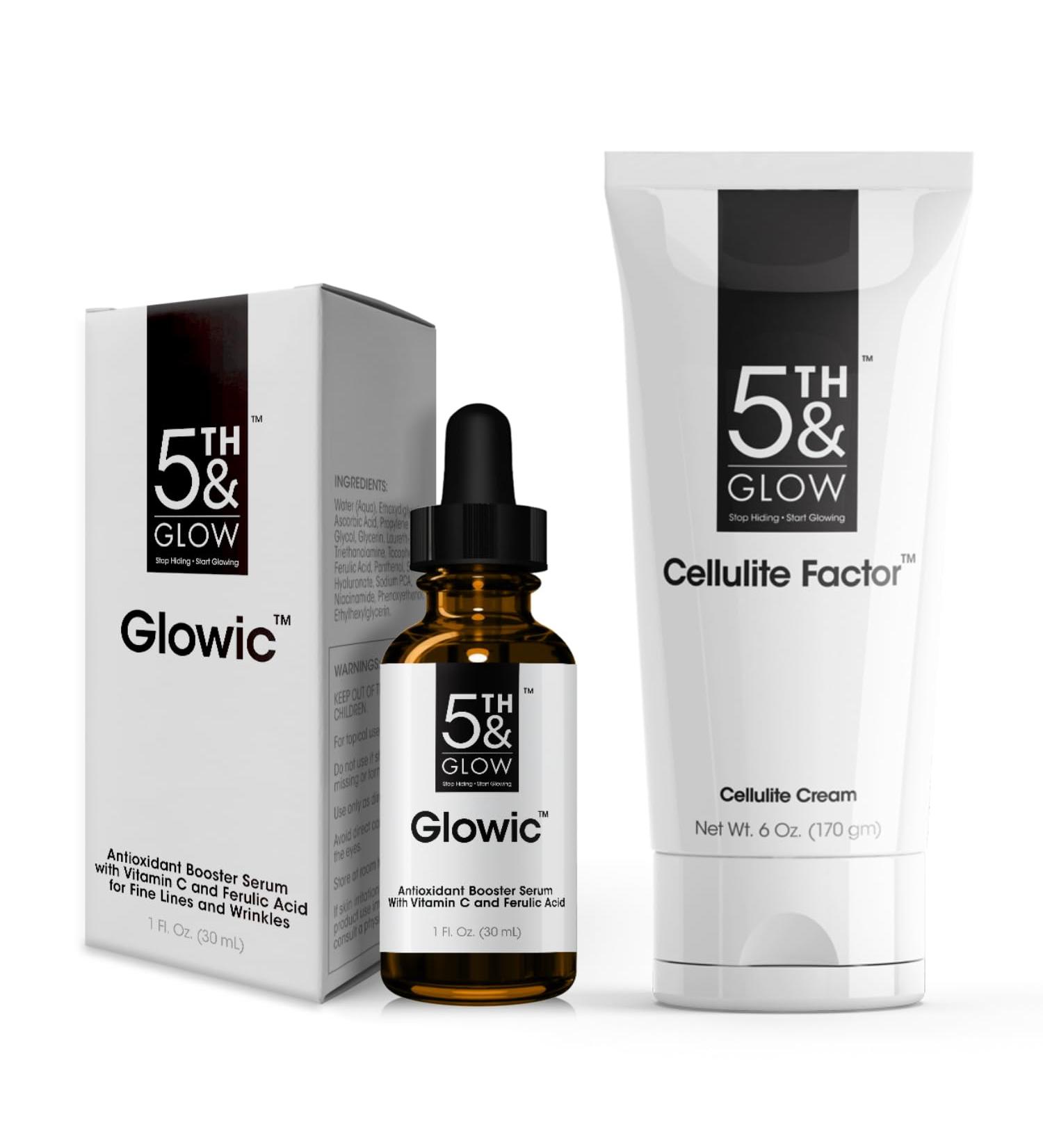 5th & Glow Beauty Care Set - Glowic Antioxidant Serum for Fine Lines & Wrinkles + Cellulite Factor Cream for Stomach & Thighs - Reduces the Appearance of Cellulite Dimples for Smooth Toned Skin - Buy Online on GoSupps.com