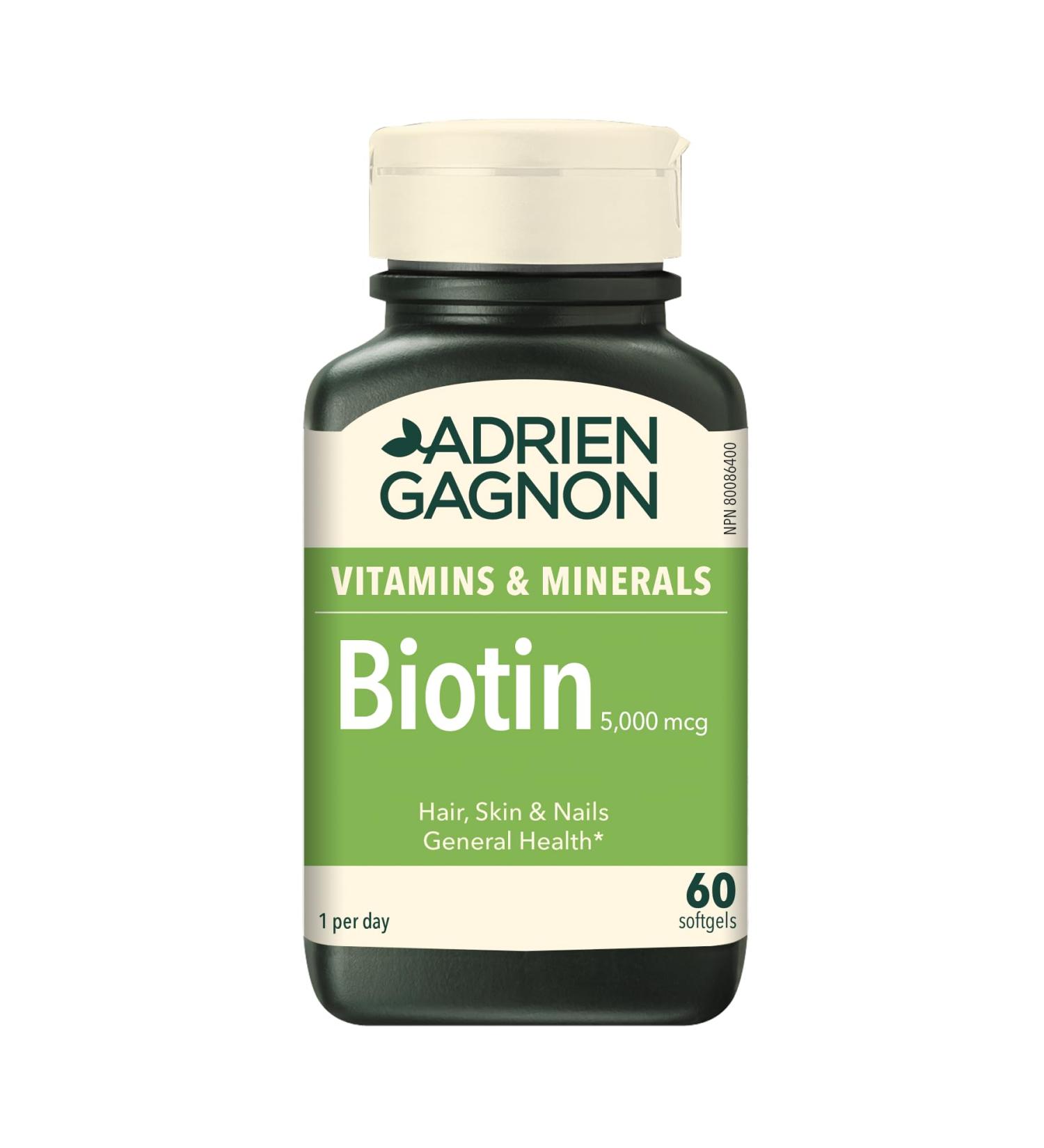 Adrien Gagnon - Biotin Extra-Strength 5000 mcg for Thicker Hair Healthier Skin and Stronger Nails 60 softgels (Gift Wrap Available) - Buy Online on GoSupps.com