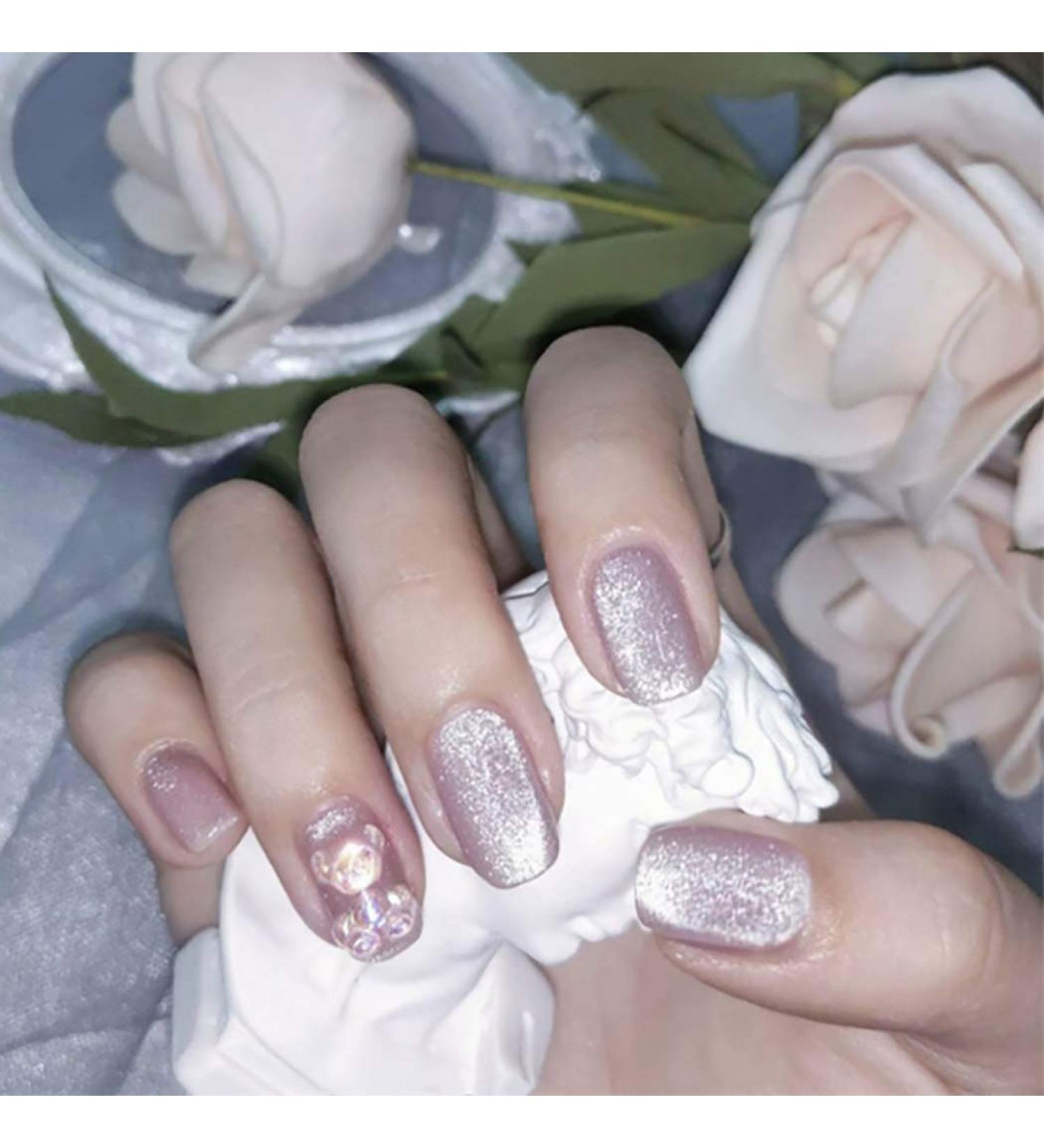 Sethexy French Short Pink Sparkle False Fingernails - 24 Glossy Acrylic Nail Tips with Glue for Women & Girls - Buy Online on GoSupps.com