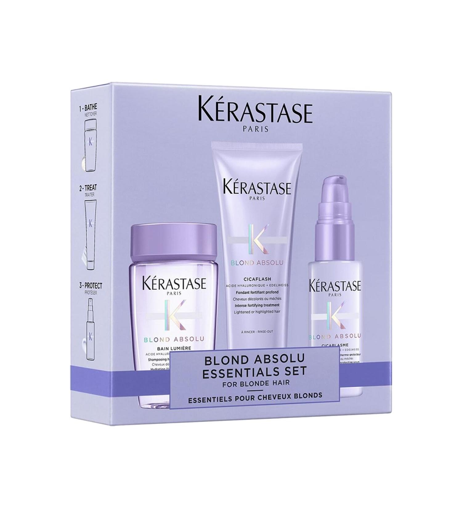 KERASTASE K rastase Blond Absolu Discovery Set with illuminating shampoo nourishing conditioner and strengthening heat protection serum with hyaluronic acid for blonde and bleached hair travel size