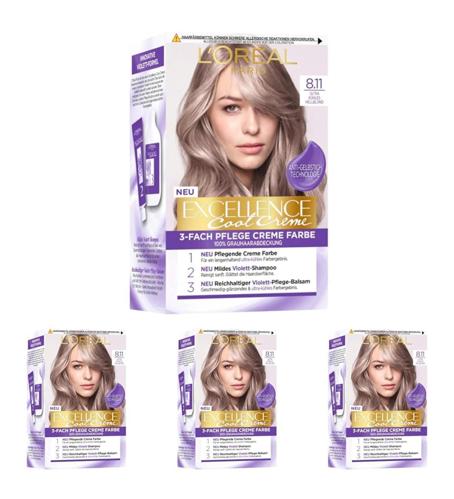 L'Or al Paris Permanent hair color color result 100% gray -hair cover set with color shampoo and care cream excellence cool cream No. 8.11 Ultra cooling light blonde (blond) (pack with 4) Ultra cool light blonde (4 Pack)