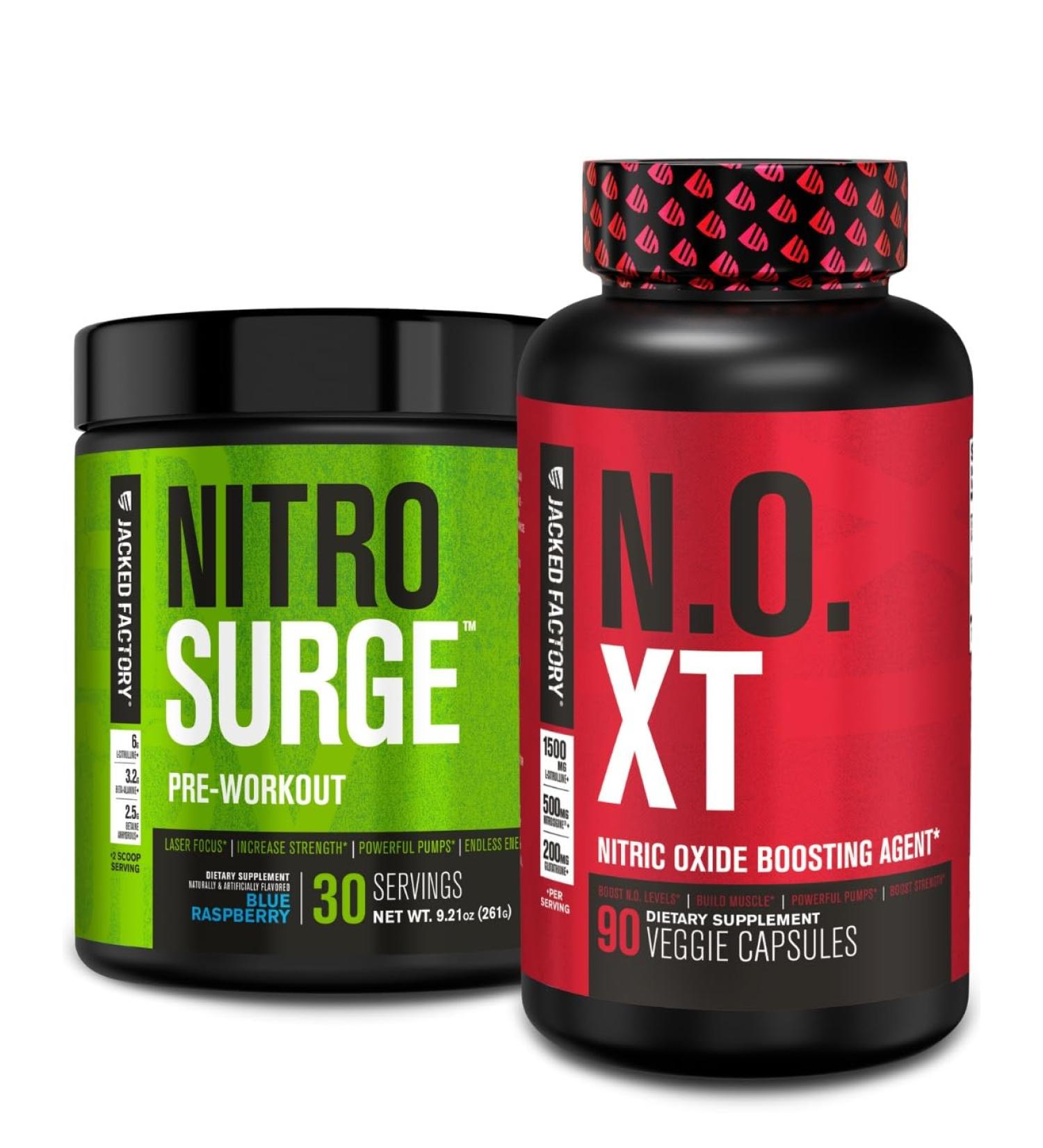 Jacked Factory Nitrosurge Pre-Workout in Blue Raspberry & N.O. XT Nitric Oxide Booster for Men & Women - Buy Online on GoSupps.com