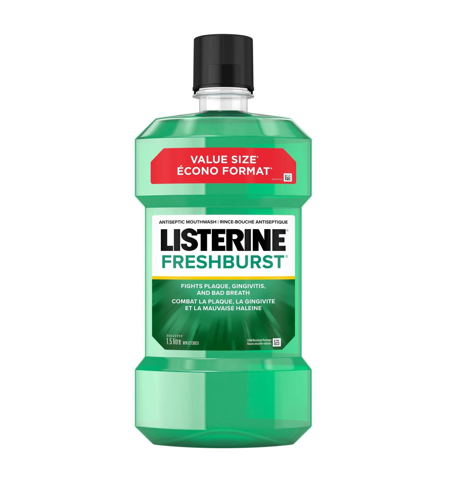 Listerine Fresh Burst Antiseptic Mouthwash Essential Oils Menthol Thymol Eucalpytol Plaque Bad Breath Gingivitis 1.5L Mouthwash Fresh Burst (1.5L) - Buy Online on GoSupps.com