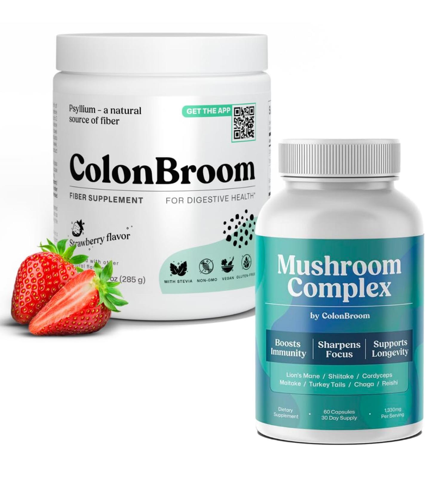 ColonBroom Psyllium Husk Powder (Strawberry 50 Servings) + Mushroom Complex Powerful Mushroom Blend with Cordyceps Reishi Shiitake Lion s Mane Extract for Energy Immunity (60 Capsules) - Buy Online on GoSupps.com