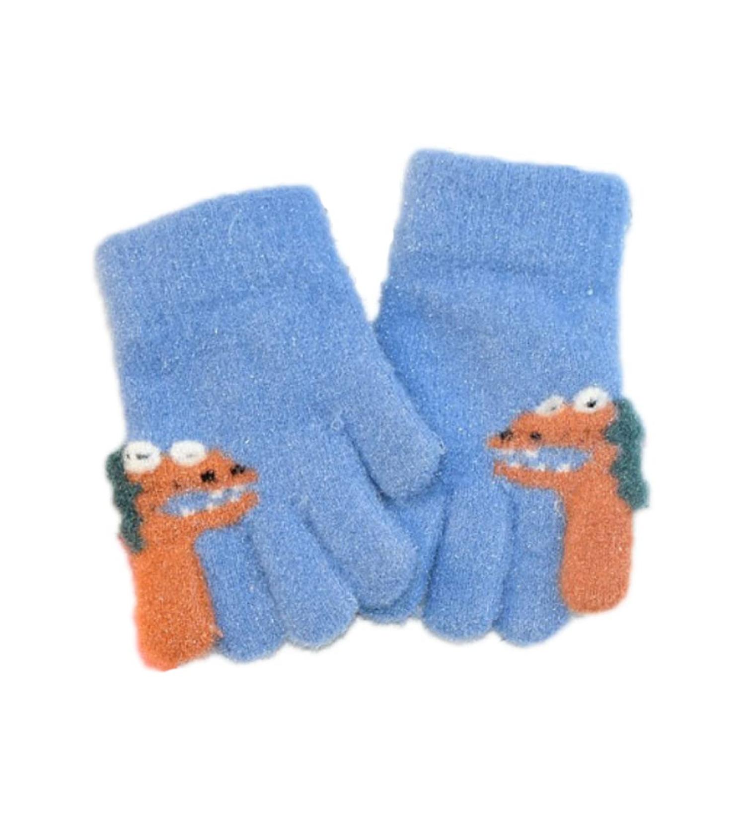 Cartoon Dinosaur Knitted Gloves for Kids | Thermal Wool Mittens for Boys & Girls 2-6Y | Blue Dinosaur Design - Buy Online on GoSupps.com