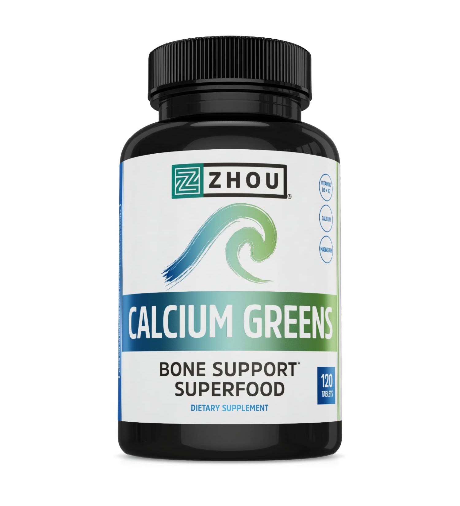 Zhou Nutrition Calcium Greens Superfood - Bone Support Supplement | Algae Calcium, Magnesium, Vitamin D3 & K2 | 1300mg, 120 Tablets - Buy Online on GoSupps.com