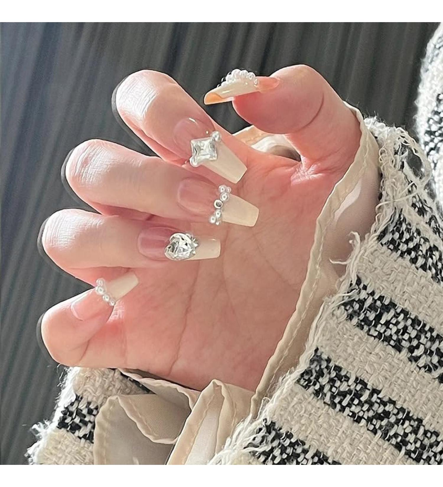 French Tip Press on Nails - Long Press On Nails with Nail Tips White Love heart Rhinestones Chain Diamond Design Glossy nake color press on nails Acrylic False Nails Cute Artificial Nails - Buy Online on GoSupps.com