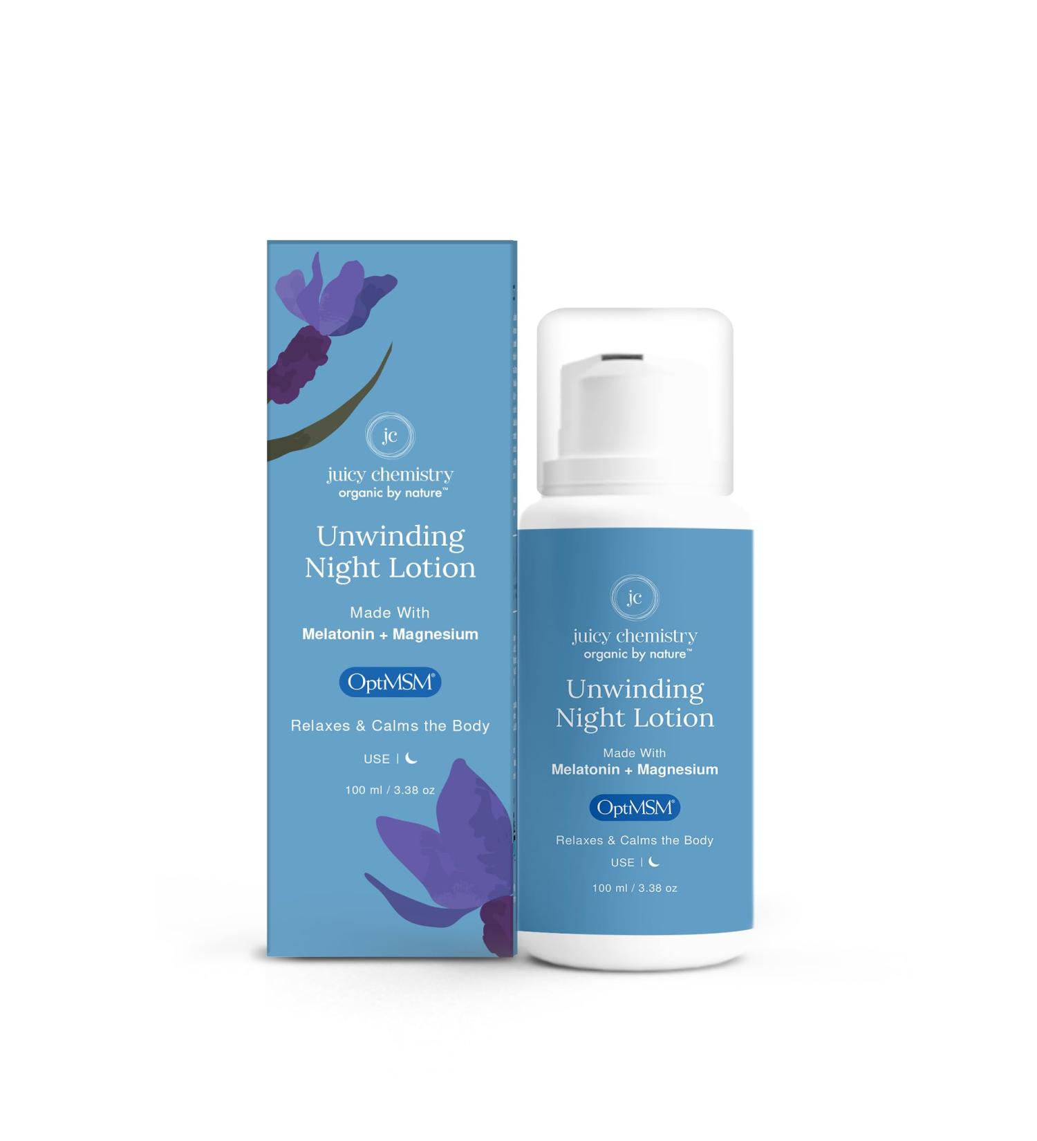 Juicy Chemistry Unwinding Night Lotion Lavender & Magnesium Body Lotion for Muscle Soreness Relief Restful Sleep & Antioxidant Skin Support 100ml Relaxing Lavender - Buy Online on GoSupps.com