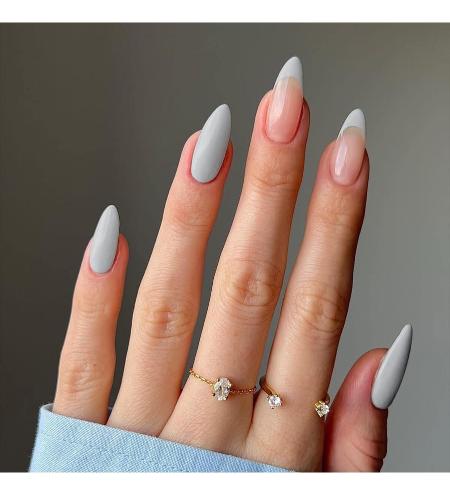 JUSTOTRY 24 Pcs Almond Short False Nails Light Grey French Press On Nails - Glossy Fake Nails with Nail Glue for Women and Teens Nails Art - Buy Online on GoSupps.com