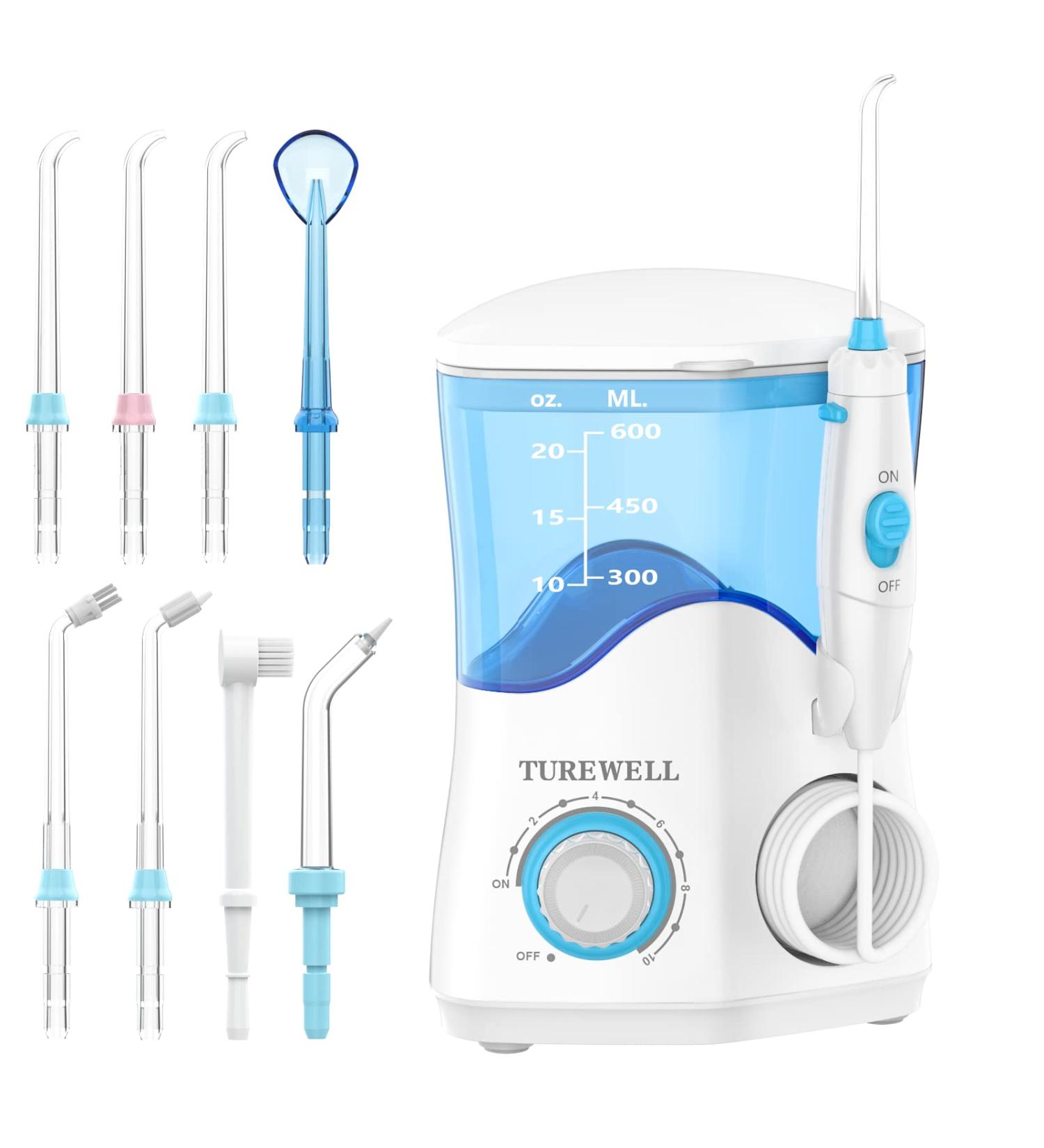 Turewell Water Dental Flosser - 8 Jet Tips, 10 Pressure Levels, 600ML Tank - White - Buy Online on GoSupps.com