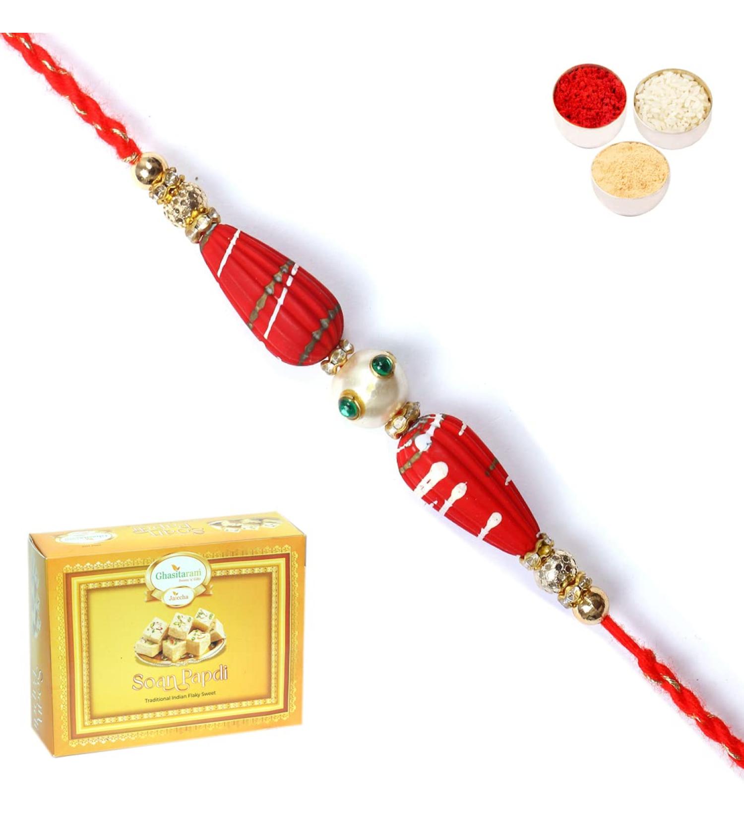Ghasitaram Gifts Rakhi for Brother Rakhis Online - RM- 711 Premium Rakhi with 400 GMS of Soan Papdi - Buy Online on GoSupps.com