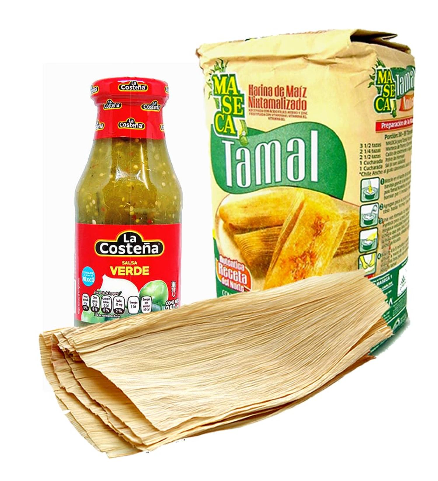 Tamale Making Kit | Mexican Maseca Flour For Tamales Salsa Verde Sauce Bottle and Corn Husks - Buy Online on GoSupps.com