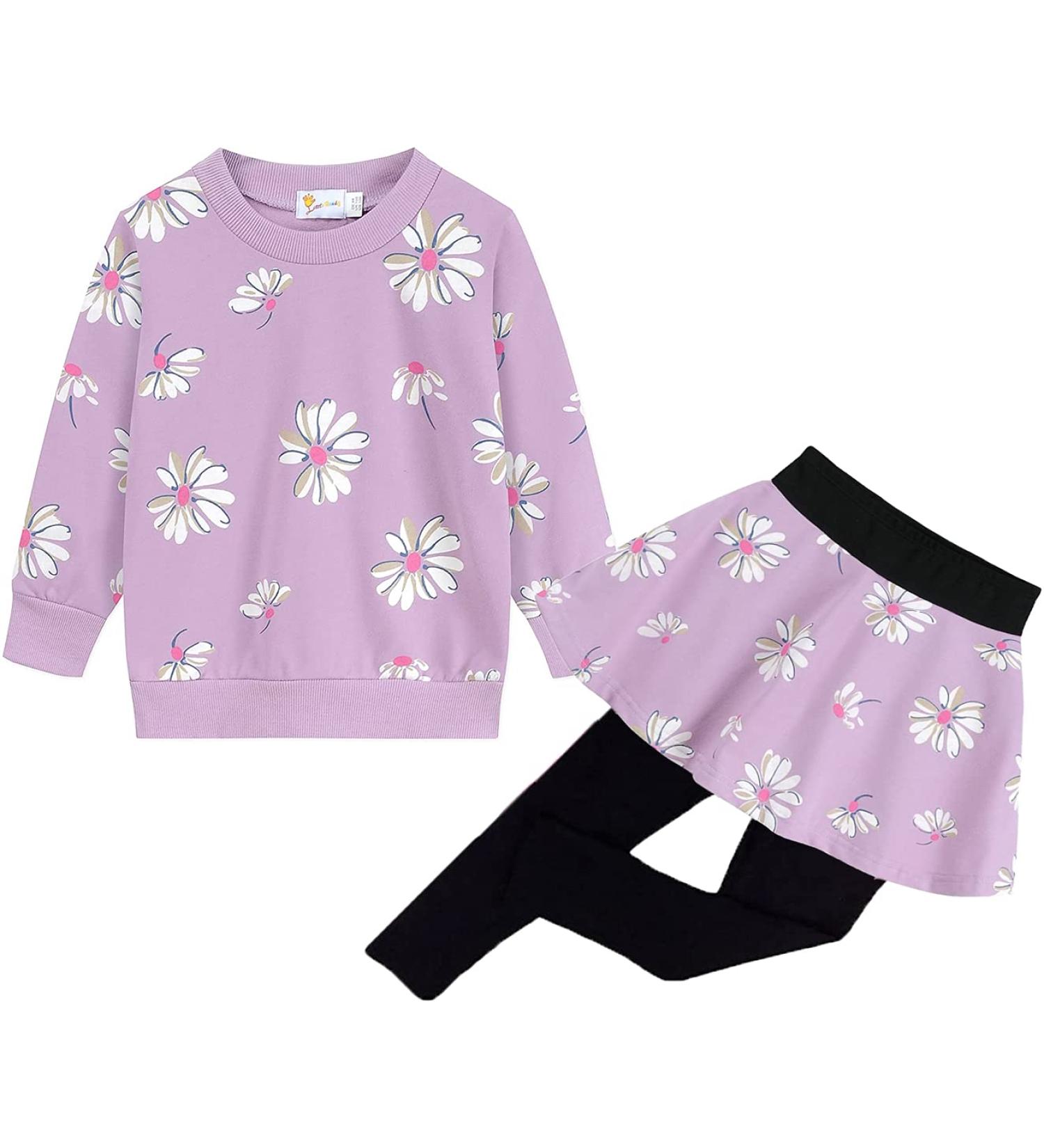Little Girls Floral Print Outfit Set | Heart Print Sweatshirt Tops and Leggings Skirt | 7-8 Years | #1 Flower - Buy Online on GoSupps.com