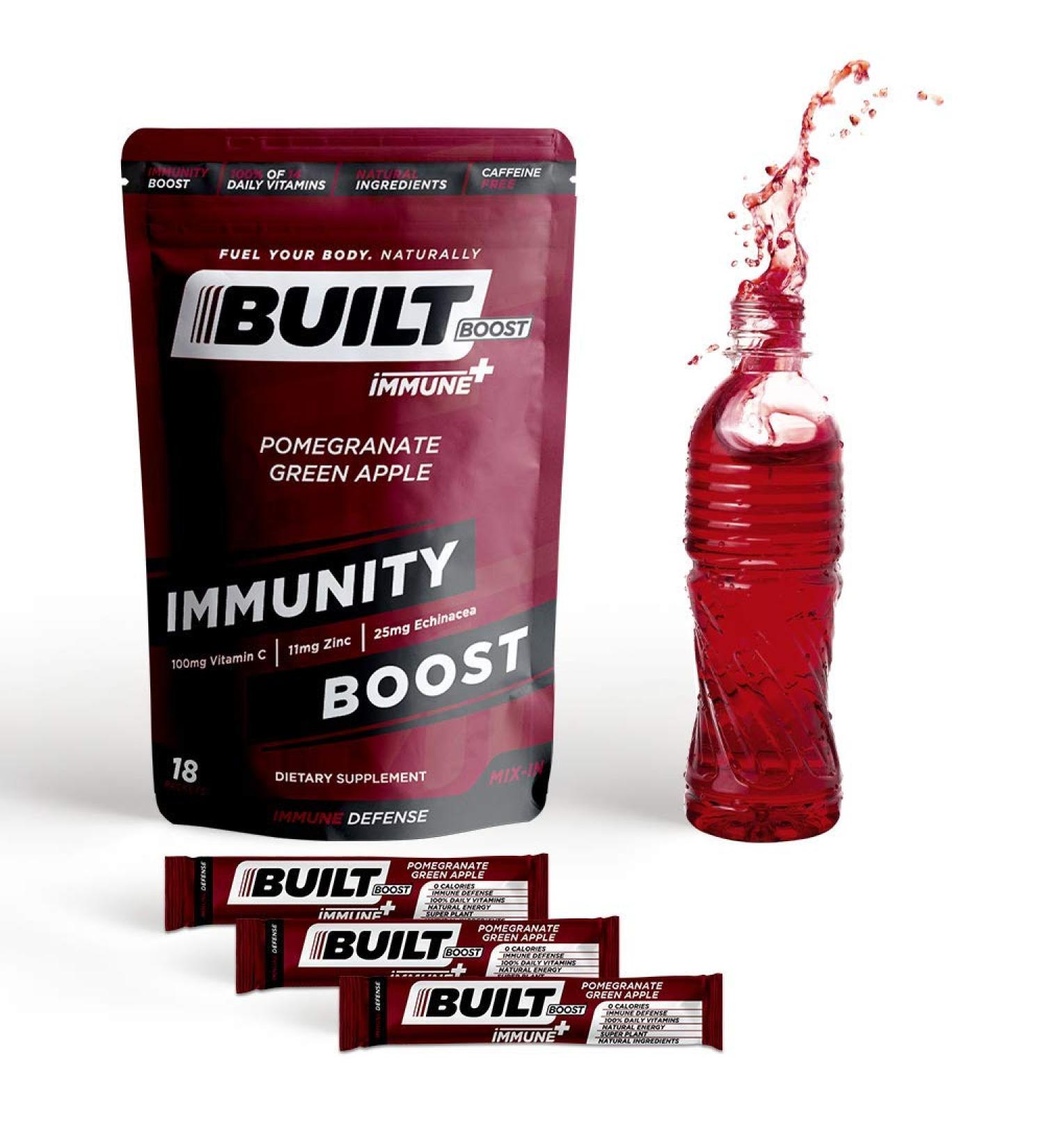 Built Boost Immune+ 18 Pack Natural Energy Drink Mix - Pomegranate Green Apple - 100% Daily Vitamins - Immune Support & Sustained Energy - Caffeine & Gluten Free - Buy Online on GoSupps.com