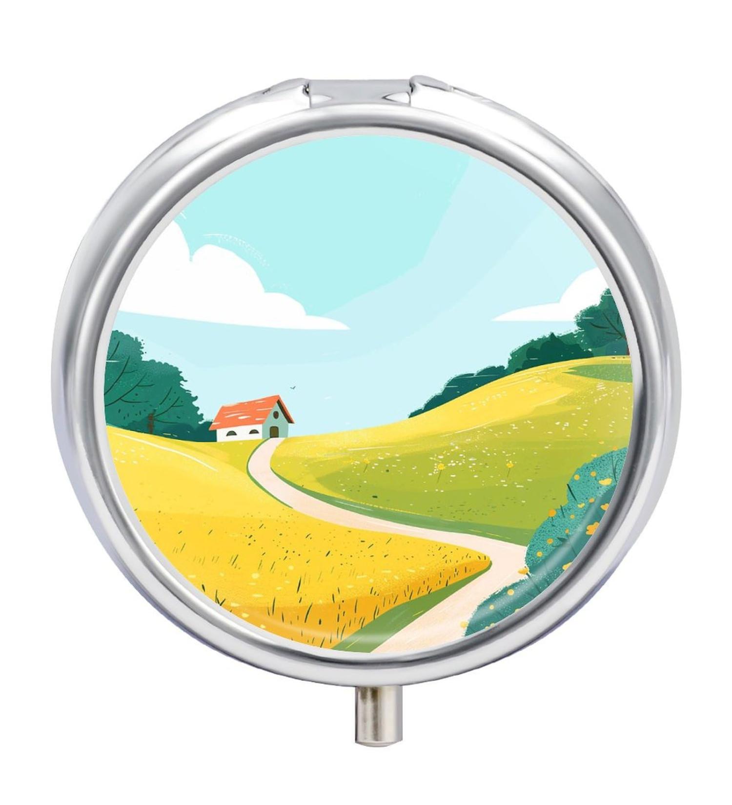 Travel Pill Box - 3 Compartment Portable Medicine Organizer with Sunny House Field Print - Ideal for Handbags & Pockets - Buy Online on GoSupps.com