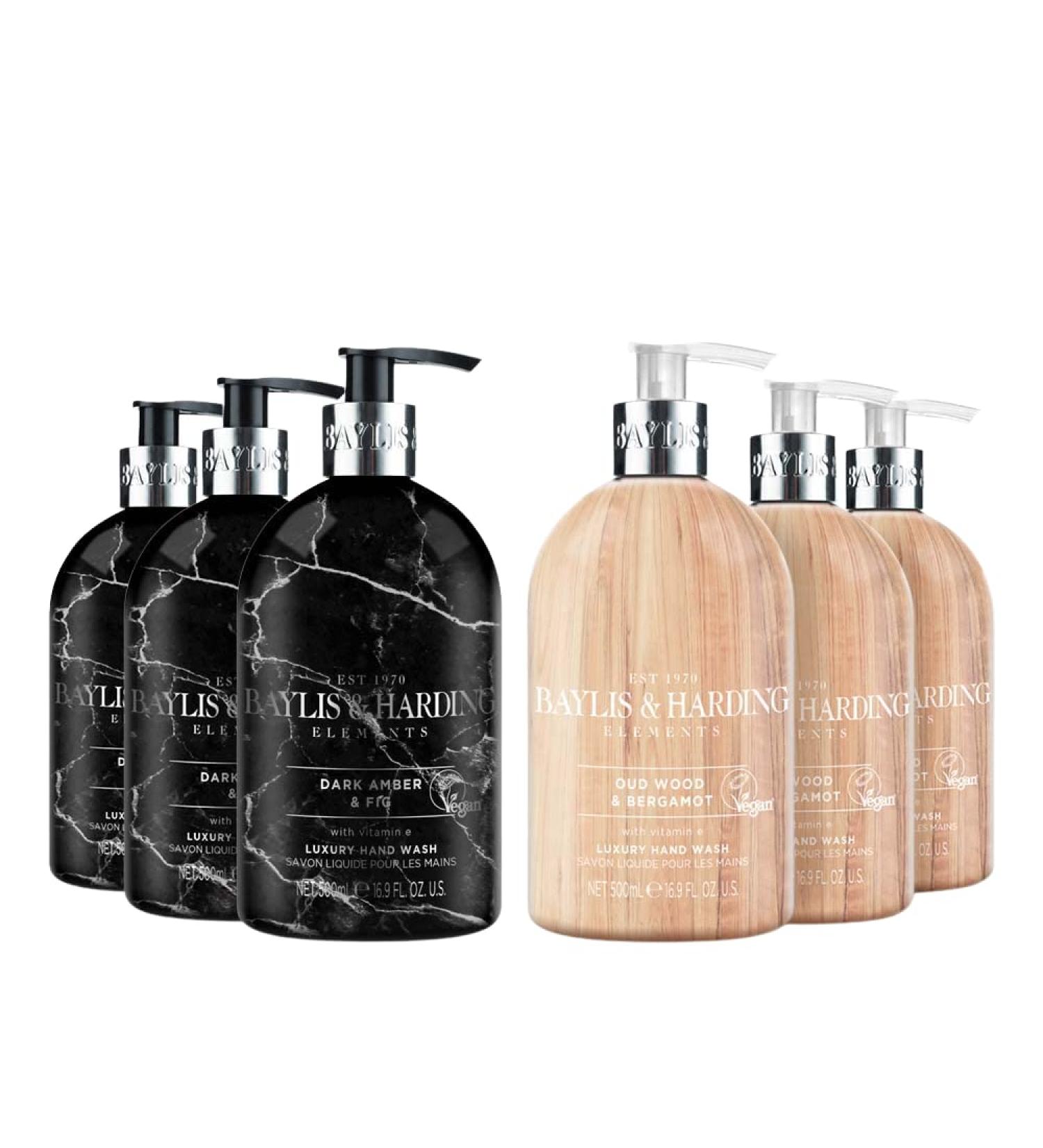 Baylis & Harding Elements Hand Wash Bundle - Dark Fig & Amber, Oud Wood & Bergamot - 6x500ml Vegan-Friendly Hand Wash Set - Buy Online on GoSupps.com