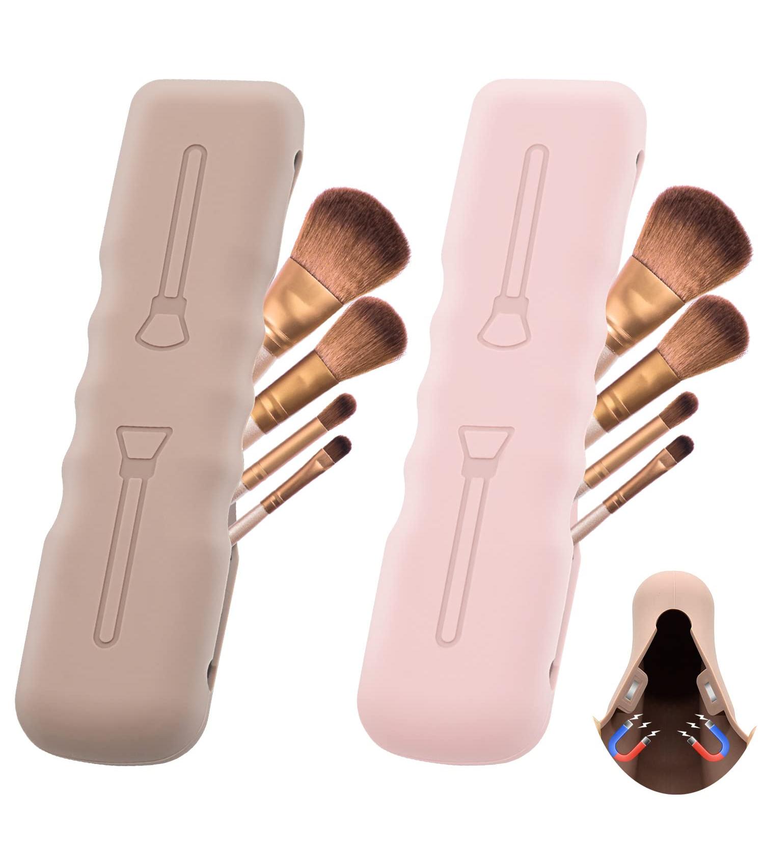 Hydream 2Pack Makeup Brush Holder Travel Case - Pink Khaki | Portable, Waterproof Silicone Cosmetic Brushes Organizer with Magnetic Closure - for Travel - Buy Online on GoSupps.com