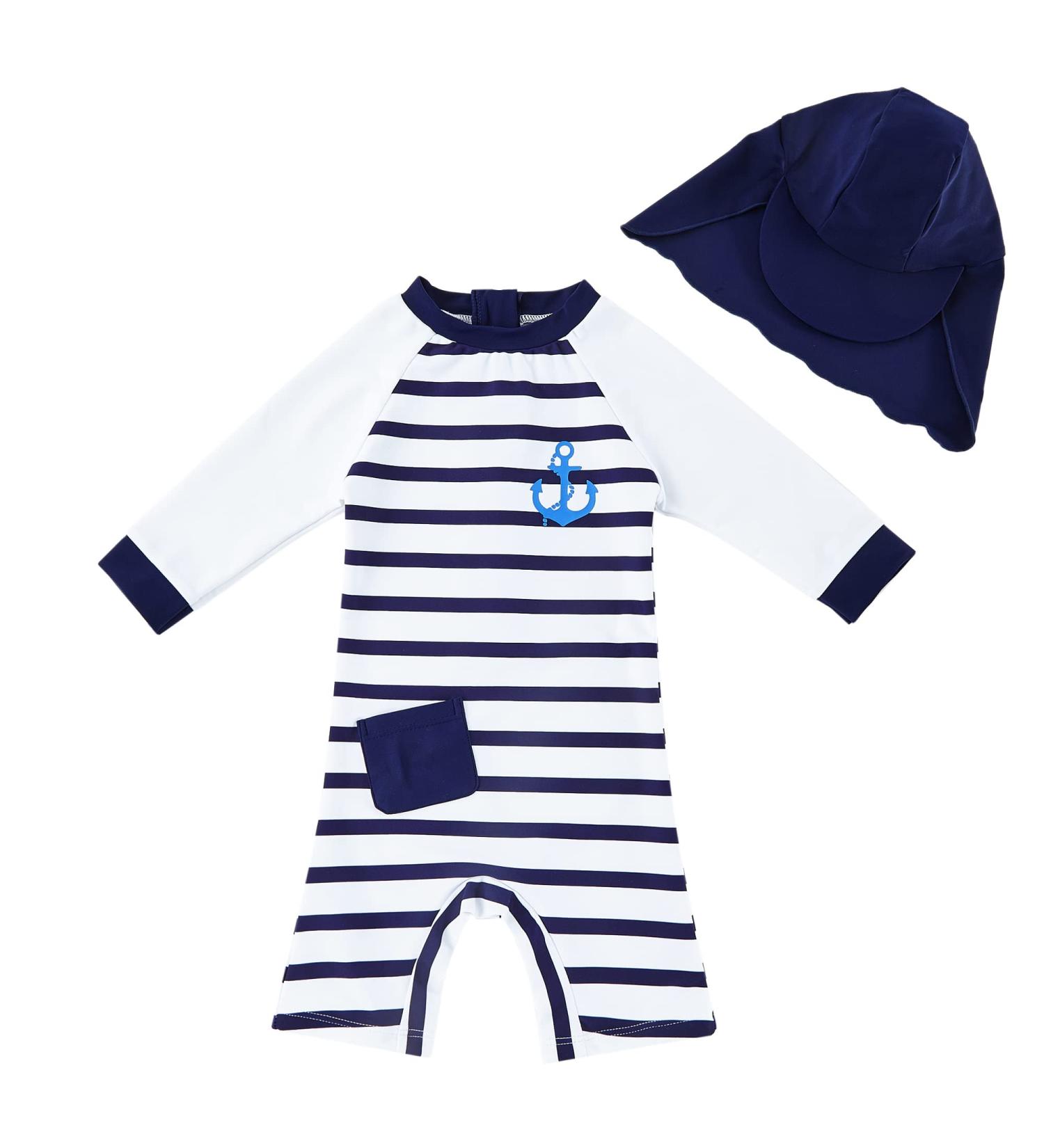 UPF 50+ Baby Boy One Piece Swimsuit with Sun Hat | 18-24 Months Navy Stripe | UPFandfast Infant Toddler Bathing Suit - Buy Online on GoSupps.com