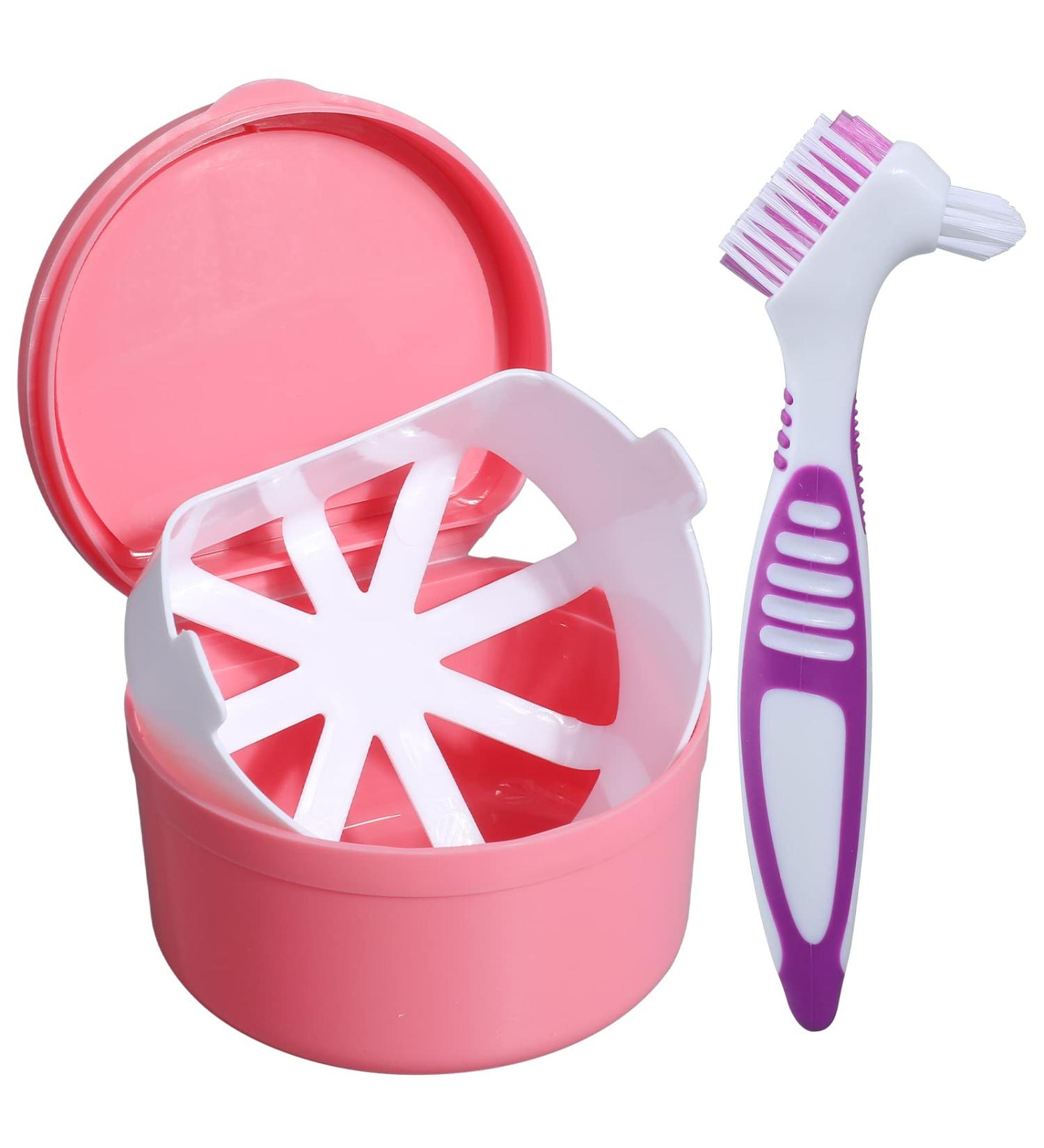 Denture Bath Box with Basket - Complete Clean Care Case for False Teeth, Clear Braces, Night Guards & Retainers - Travel-Friendly Soaking Solution with Free Brush (Pink) - Buy Online on GoSupps.com