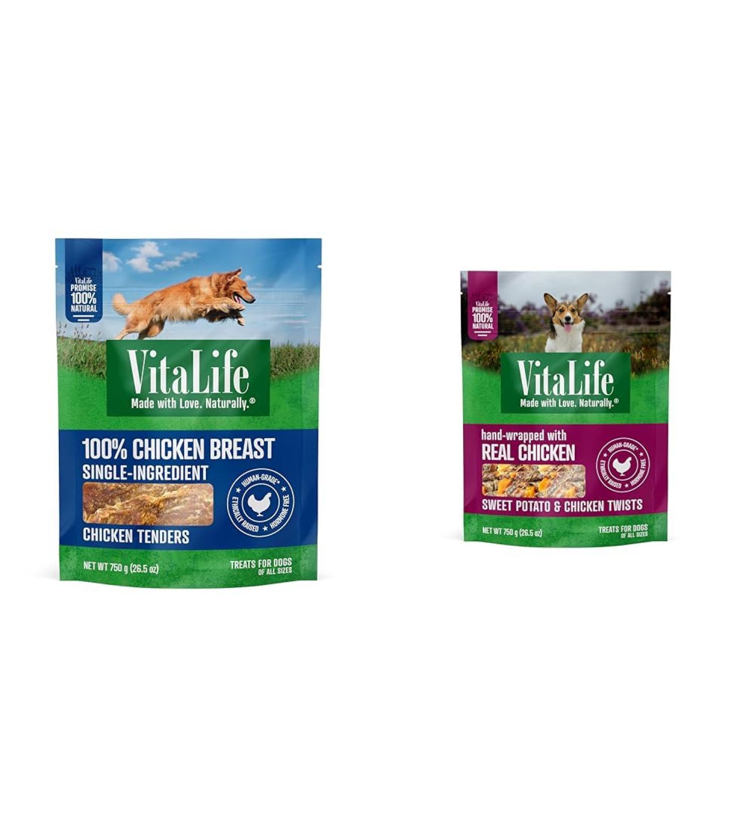 VitaLife All Natural Dog Treats - Chicken Tenders 750g Dark Green & VitaLife 750 g Sweet Potato & Chicken Twists All Natural Dog Treats - Buy Online on GoSupps.com