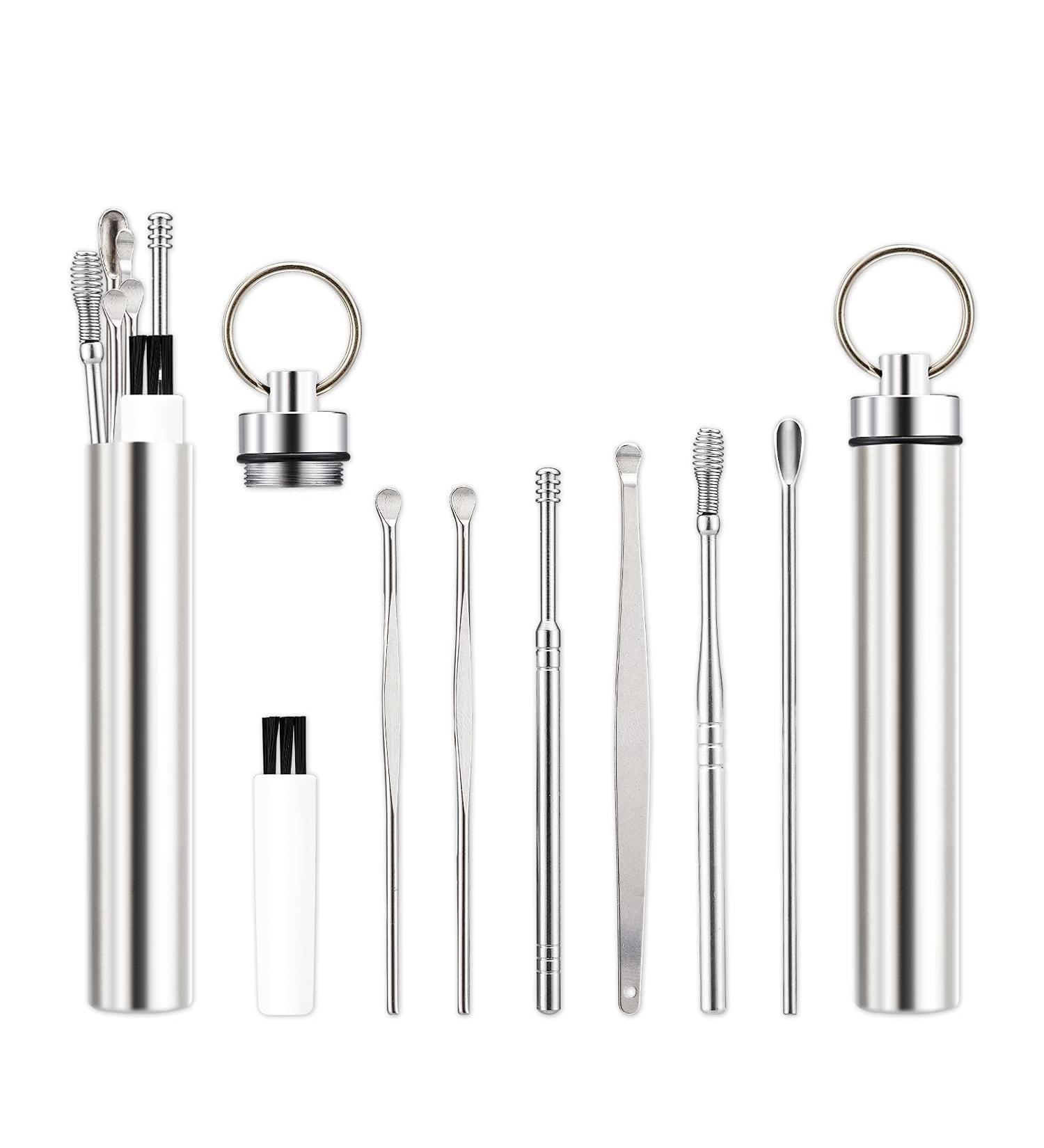 2 Pack Stainless Steel Earwax Removal Kit - Portable Spring Ear Wax Cleaner Tool Set for Humans - Includes 7 in 1 Curette Spoon, Scoop, Cleaning Brush - Buy Online on GoSupps.com