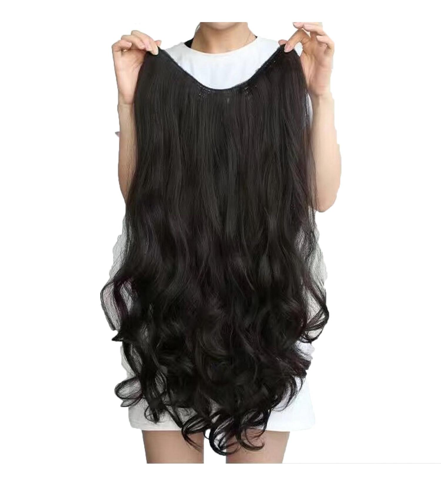 Faringoto Clip in Hair Extensions Wig Female Long Hair Straight V-Shaped Wavy Curls Traceless Hair Extensions (Curly brown black) - Buy Online on GoSupps.com