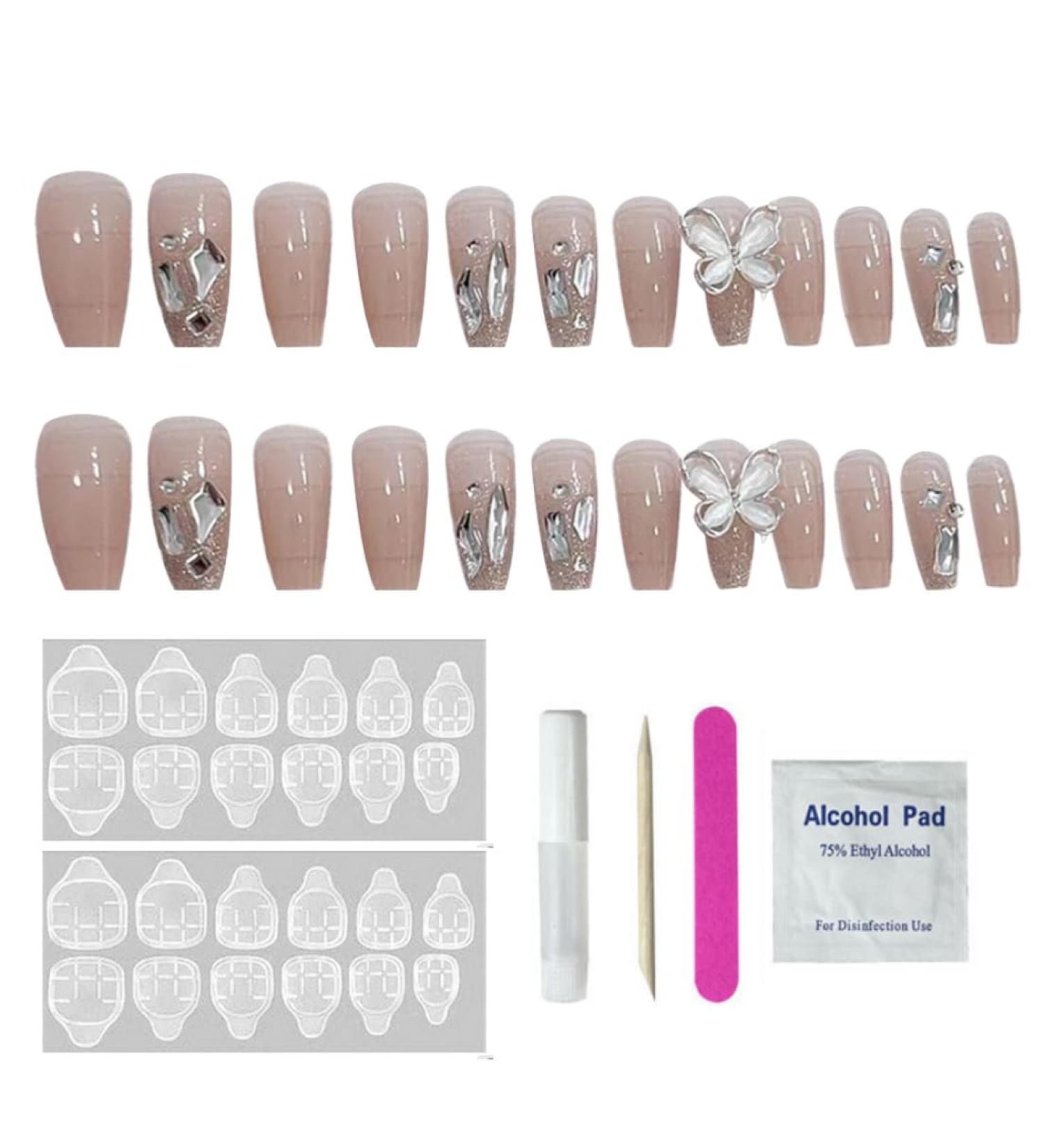 Long Press on Nails French Tip Fake Nails with 3D Butterfly Rhinestones Designs Glossy Full Cover Acrylic Nails for Women 1 Press On Nails - Buy Online on GoSupps.com