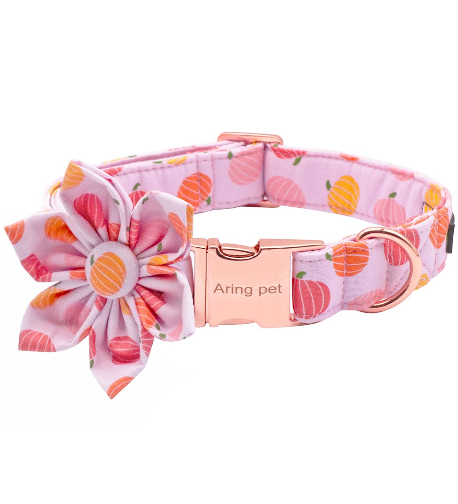 Adjustable Dog Collar with Removable Flower | Halloween Pink Pumpkin Hedgehog Design - XS Size - Buy Online on GoSupps.com