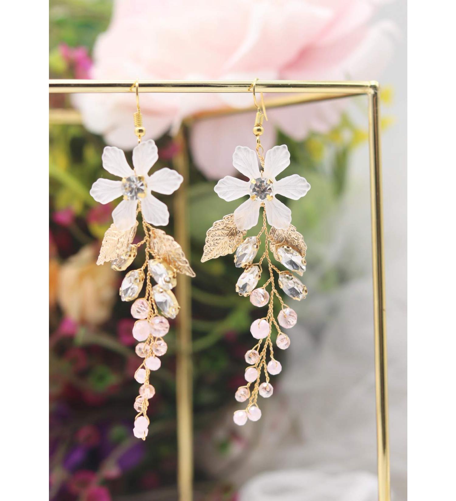 Shop Kercisbeauty Bridal White Flower & Pink Crystal Leaf Earrings - Perfect for Weddings & Proms - International Shipping Available - Buy Online on GoSupps.com