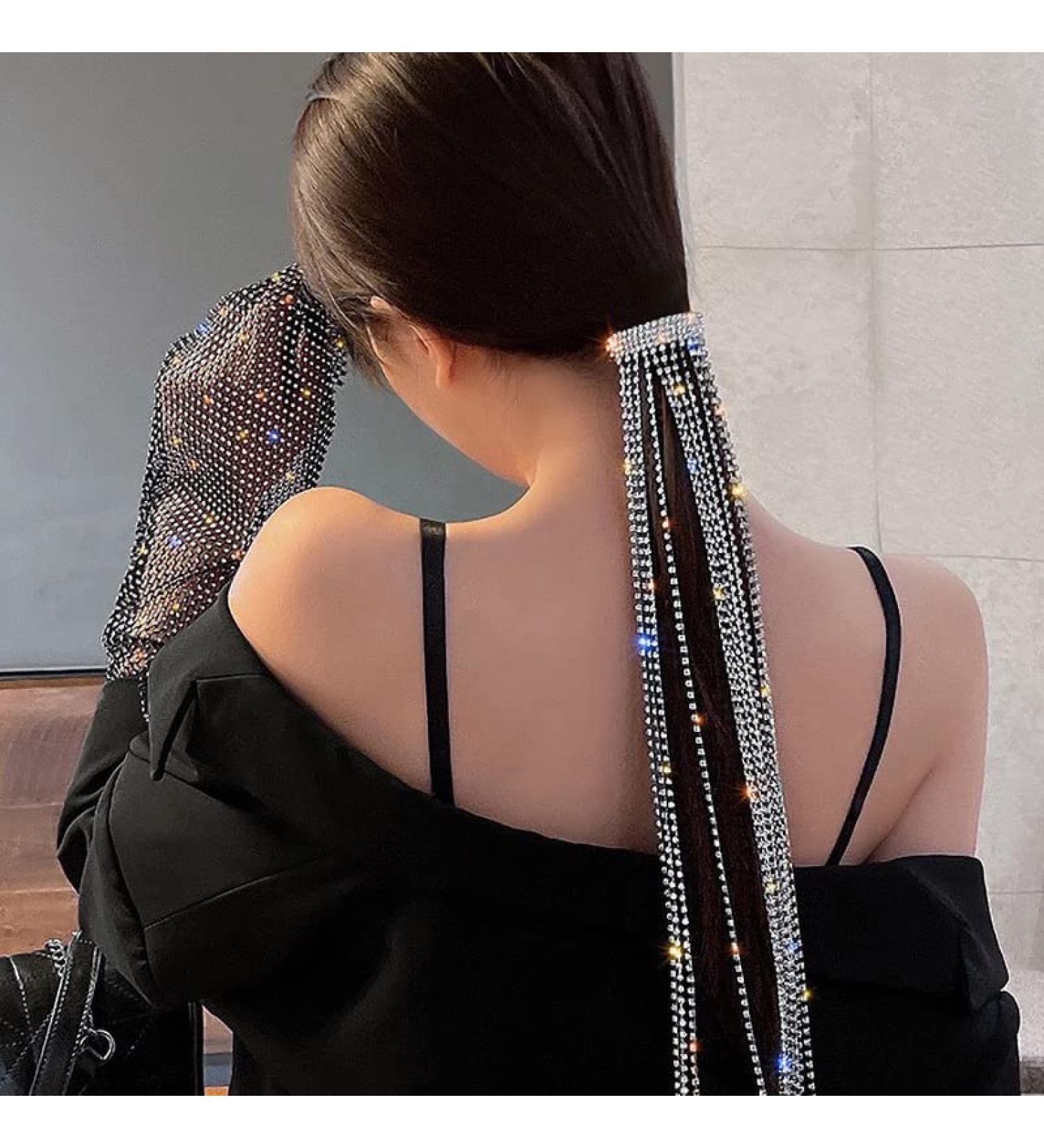 fdsmall Rhinestone Hair Chain Long Chain Tassel Hairwear Shiny Hairpin Ponytail Hair Accessories for Women and Girls silver - Buy Online on GoSupps.com