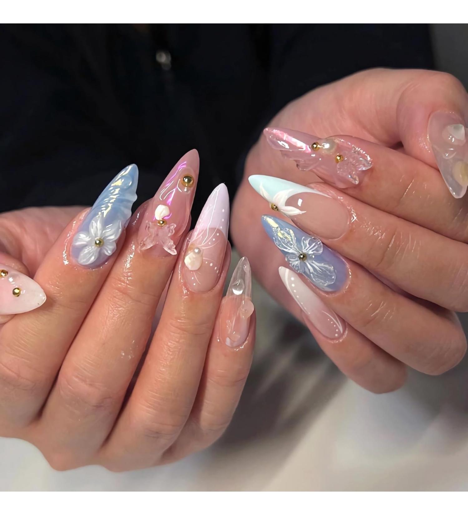 BABALAL 24Pcs Almond Press on Nails - Medium 3D Silver Chrome Flower Butterfly Design | Handmade Coquette Stiletto Glue-ons - Premium Acrylic Manicure ANa101 - Buy Online on GoSupps.com